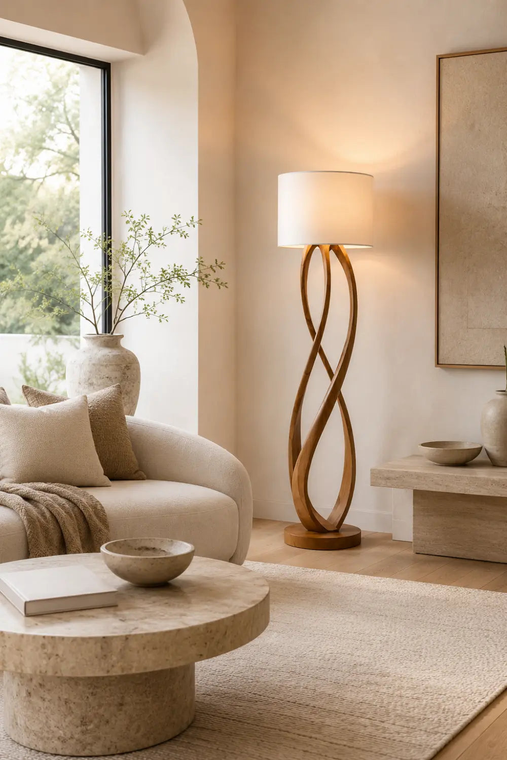 Sculptural Wooden Floor Lamp Abstract Twist Design Warm Light Fixture
