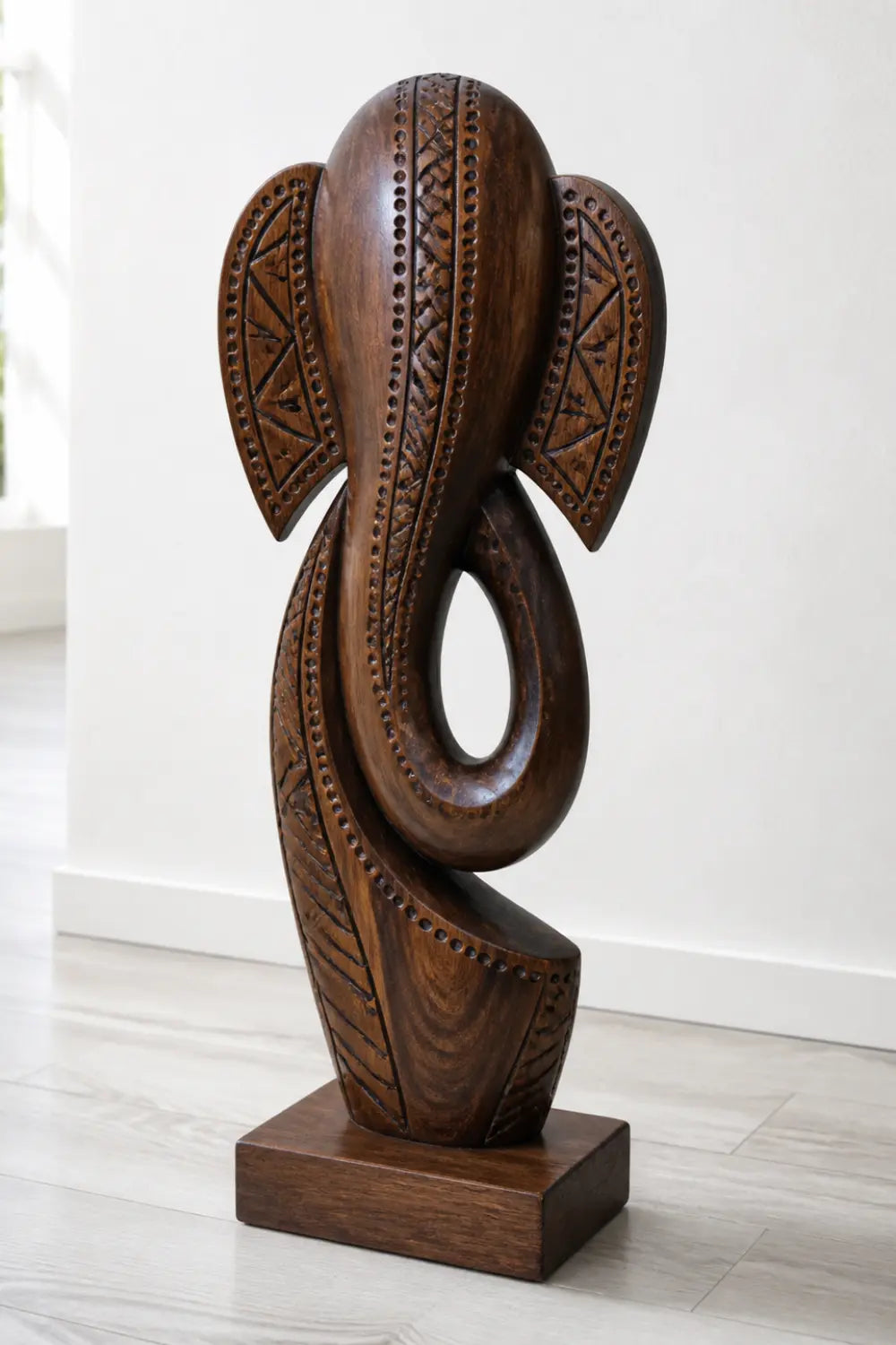 Carved Wooden Elephant Floor Sculpture | Large Standing Statue For Living Space