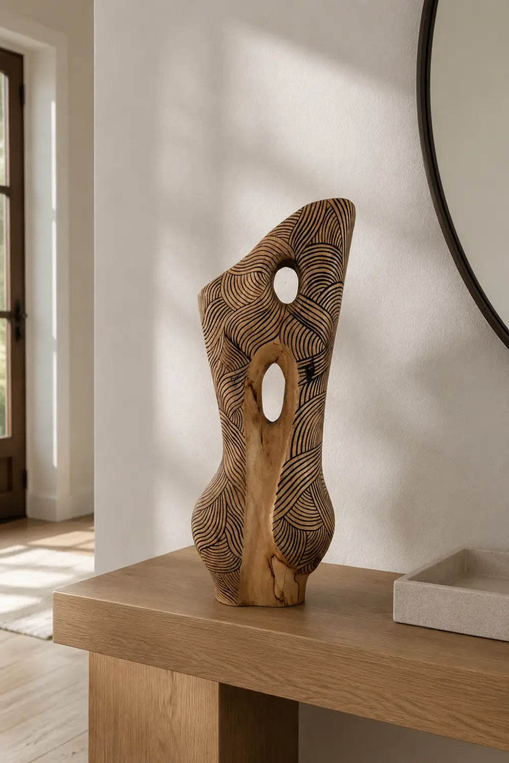 Abstract Wooden Vase With Intricate Carvings For Modern Home Decor