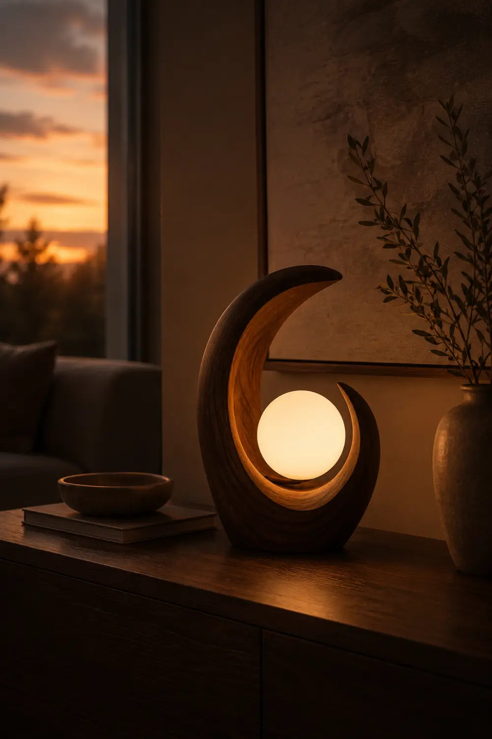 Modern Crescent Wood Table Lamp | Abstract Curved Wave Desk Light For Space Decor