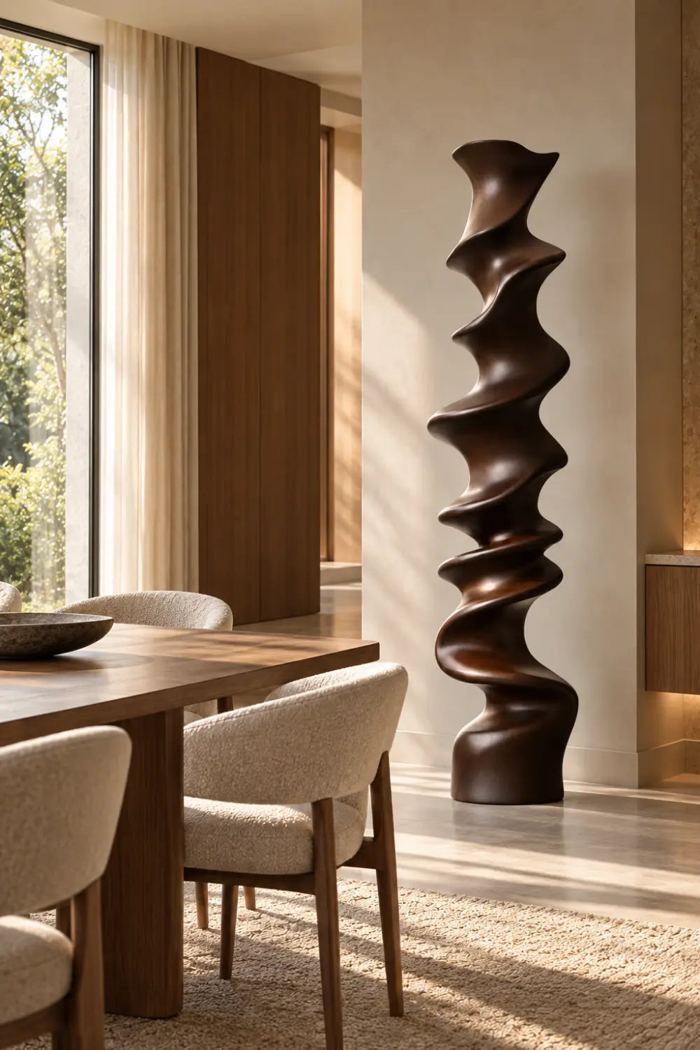 Large Abstract Walnut Wood Floor Sculpture For Modern Home Decor And Living Room Accent