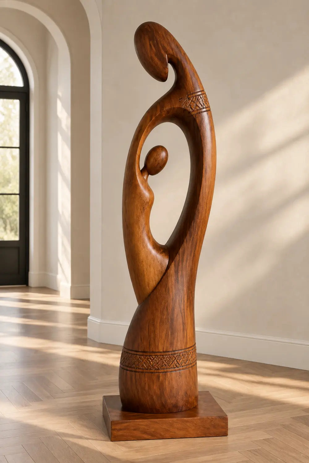 Large Abstract Mother And Child Wooden Sculpture For Modern Home Decor