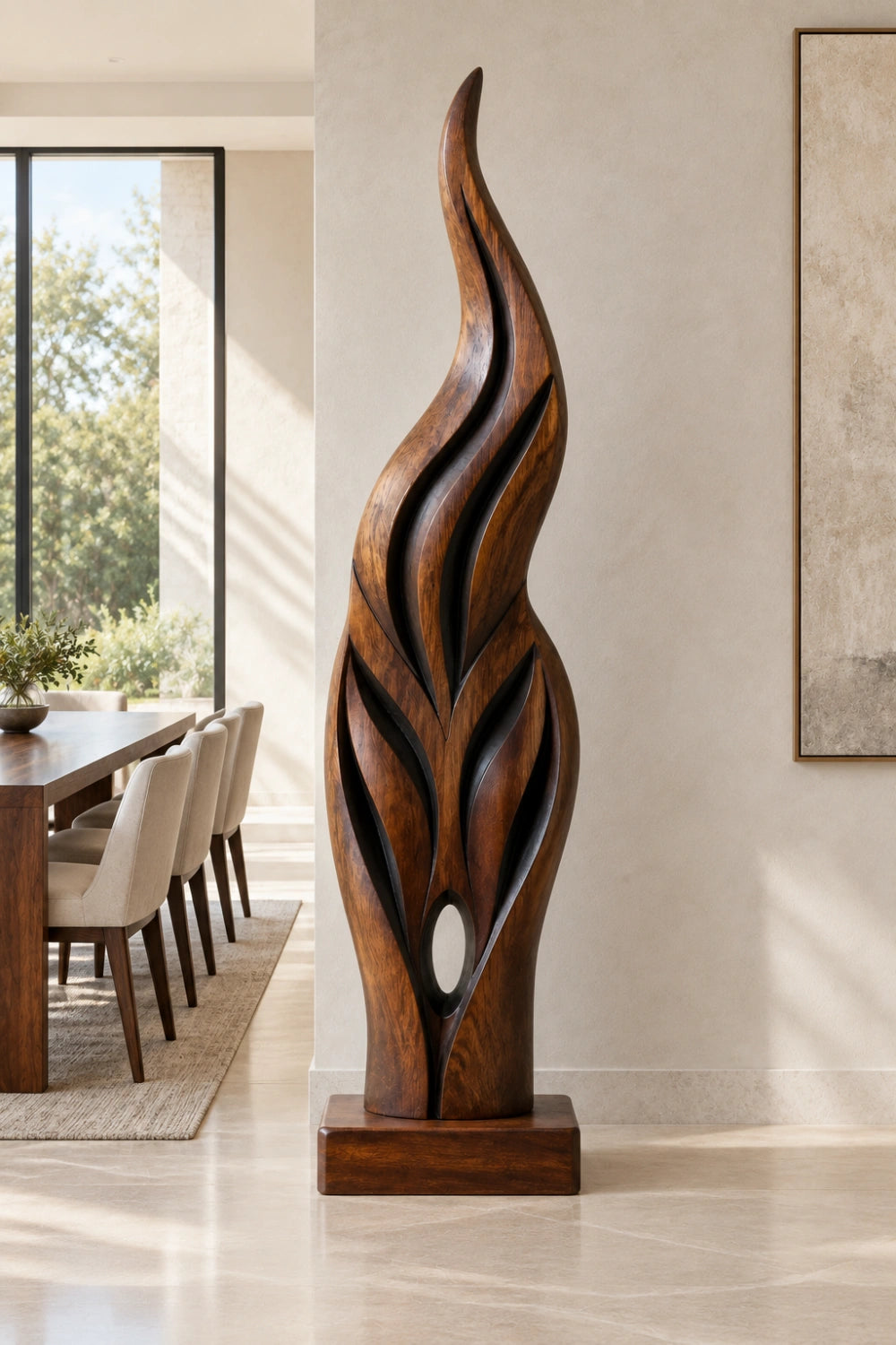Abstract Wooden Flame Floor Sculpture | Dynamic Standing Decor For Living Space