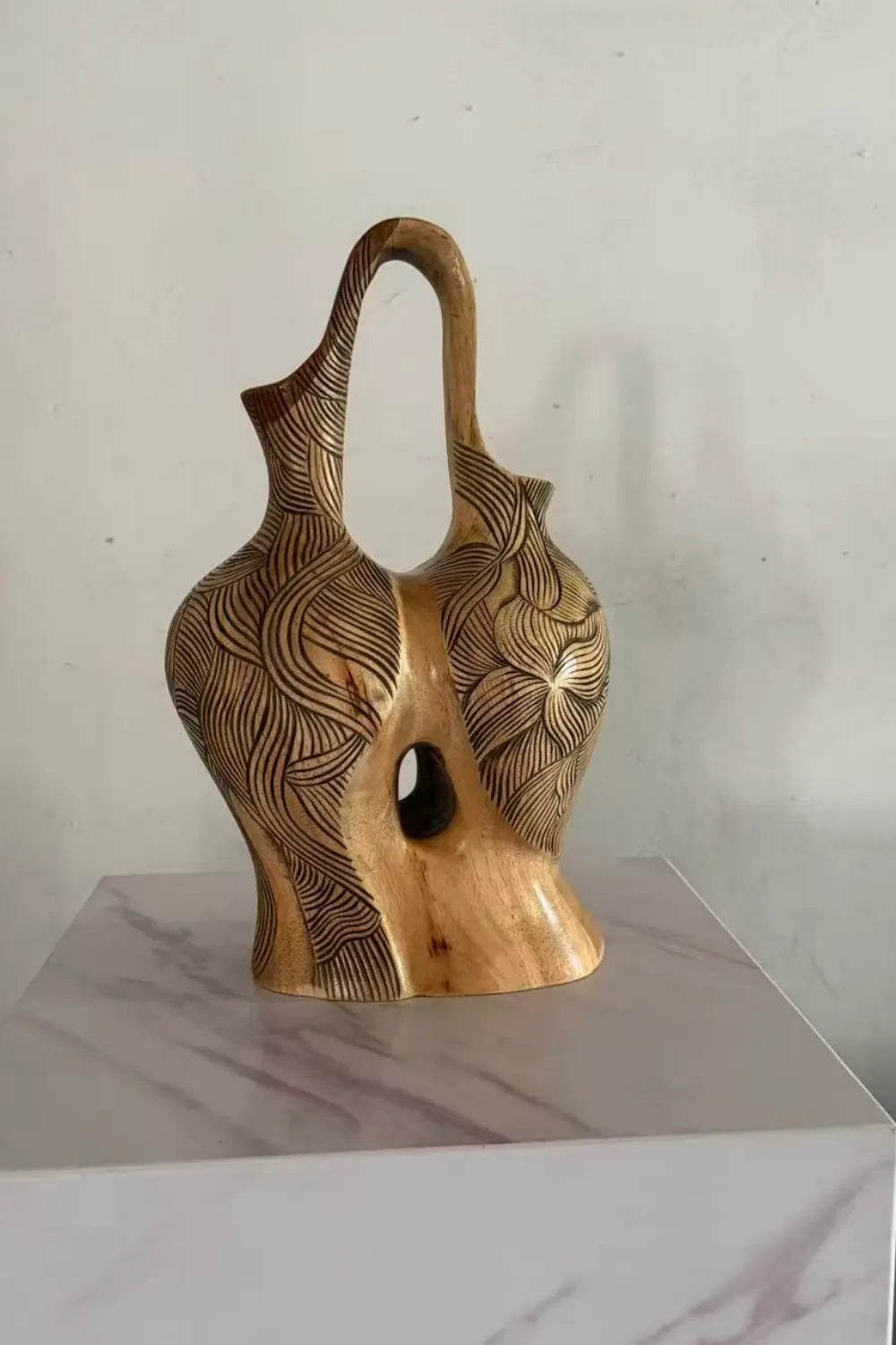 Hand Carved Abstract Wooden Vase With Flowing Lines For Modern Home Decor