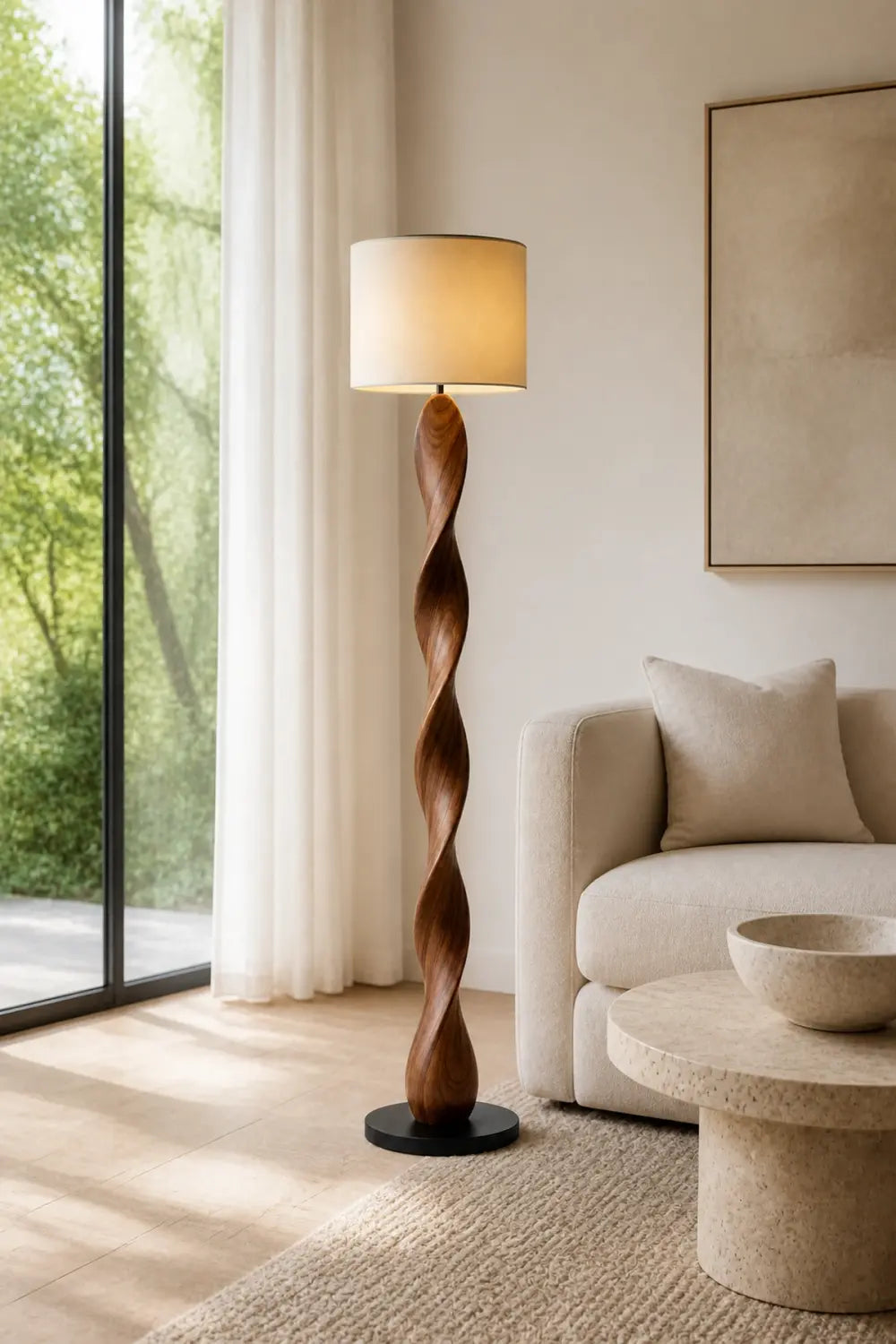 Artistic Spiral Wood Floor Lamp Ideal For Modern Living Rooms And Bedrooms