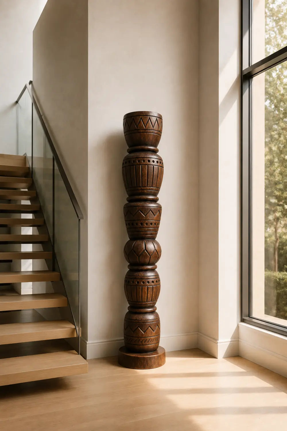 Stacked Geometric Wood Floor Sculpture | Tall Pillar Decor For Living Space
