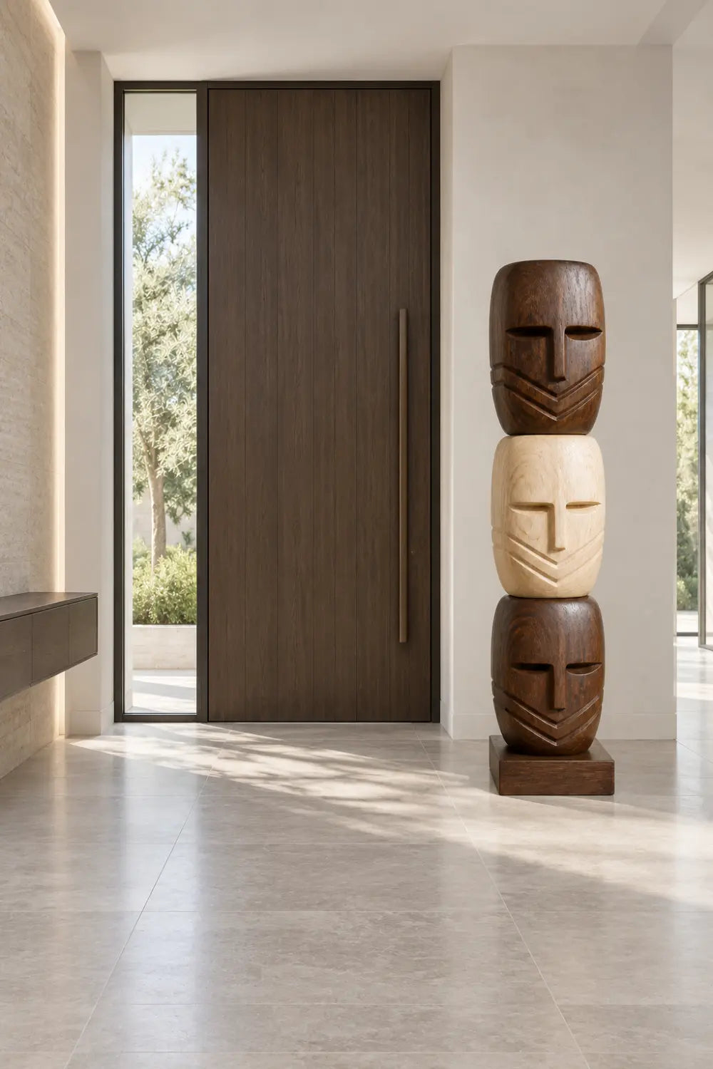 Large African Tribal Wood Sculpture With Abstract Human Faces For Modern Home Decor