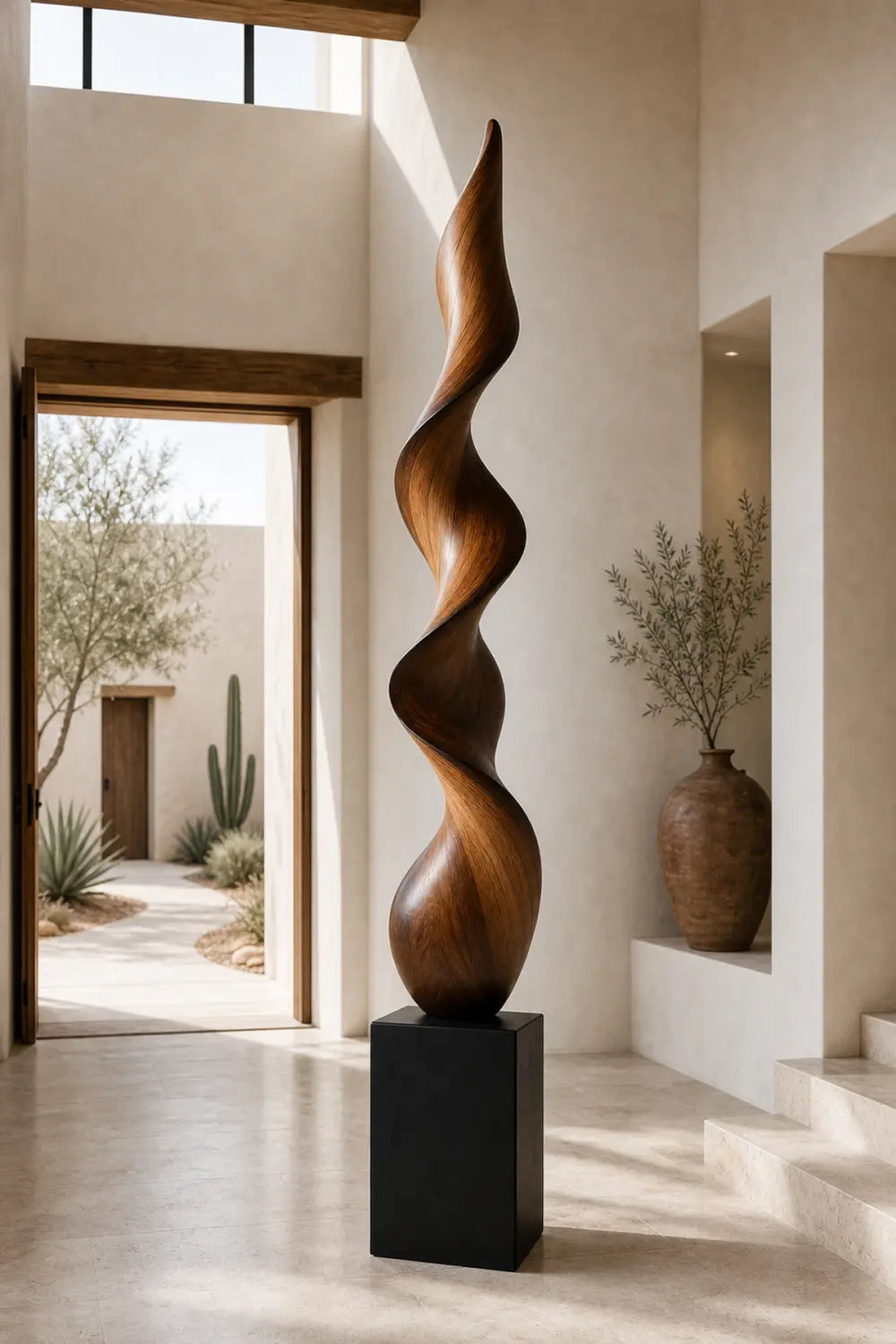Large Abstract Walnut Wood Spiral Sculpture For Modern Home Decor And Gallery Display