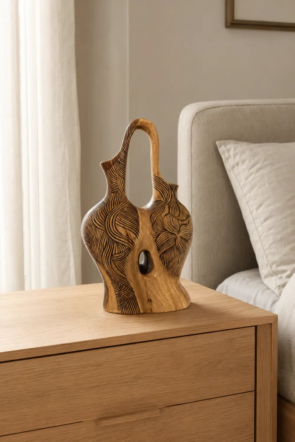 Hand Carved Abstract Wooden Vase With Flowing Lines For Modern Home Decor