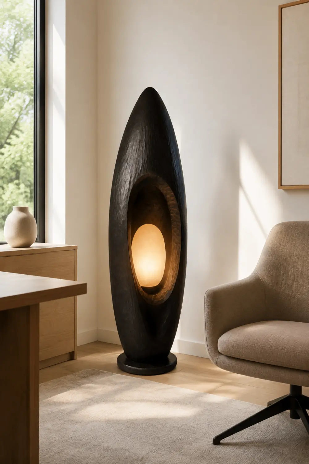 Hand Carved Walnut Floor Lamp Modern Abstract Wood Light Fixture For Living Room Decor