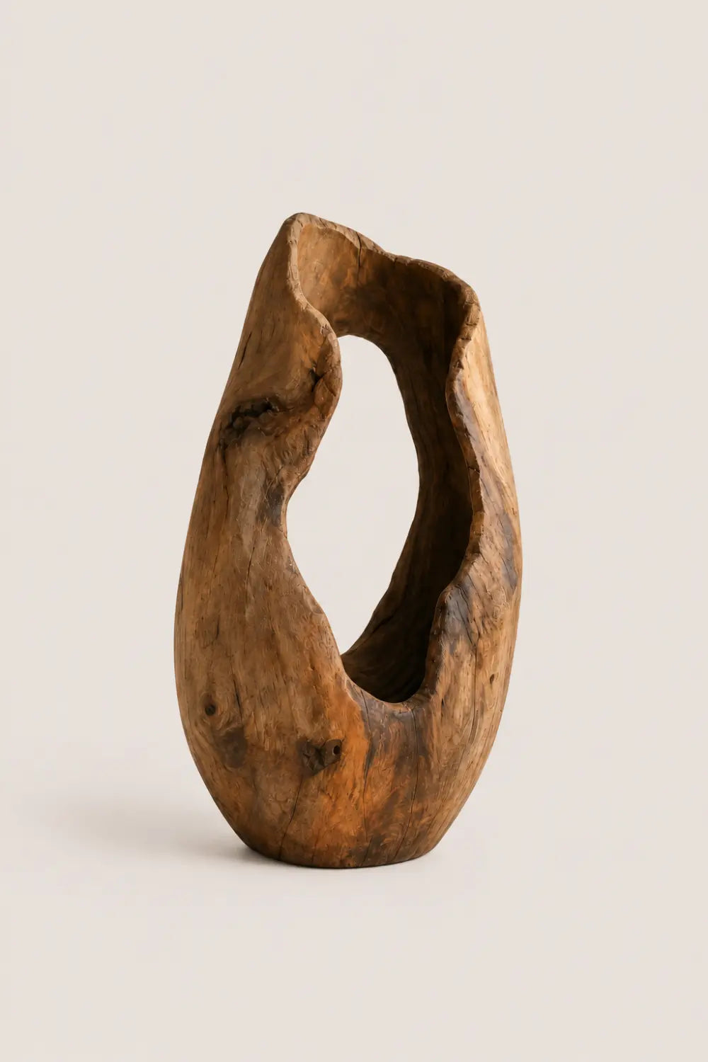 Hand-Carved Wabi-Sabi Wood Vase Rustic Organic Sculpture For Modern Home Decor