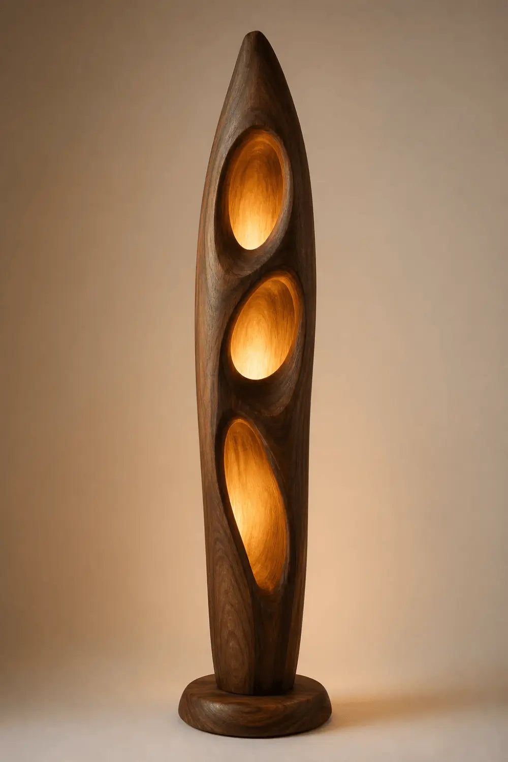 Sculptural Wood Floor Lamp With Organic Hollows And Warm Ambient Light