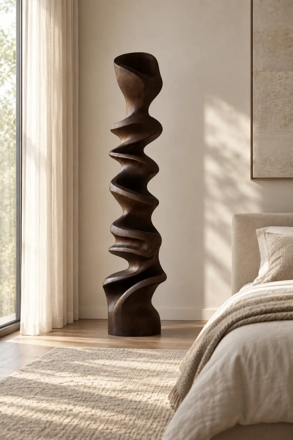 Large Abstract Walnut Wood Floor Sculpture Modern Spiral Form