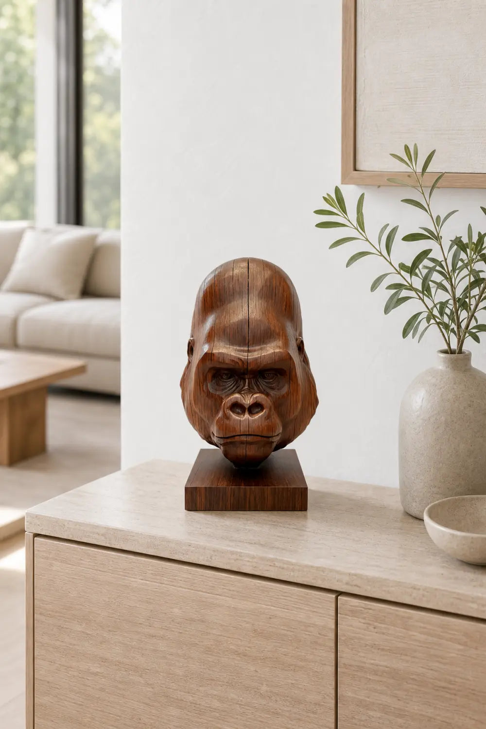 Hand Carved Walnut Gorilla Head Sculpture For Modern Home Decor And Shelf Display