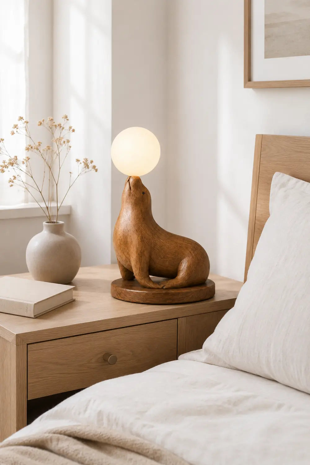 Hand Carved Wooden Seal Lamp With Glowing Orb For Modern Home Decor