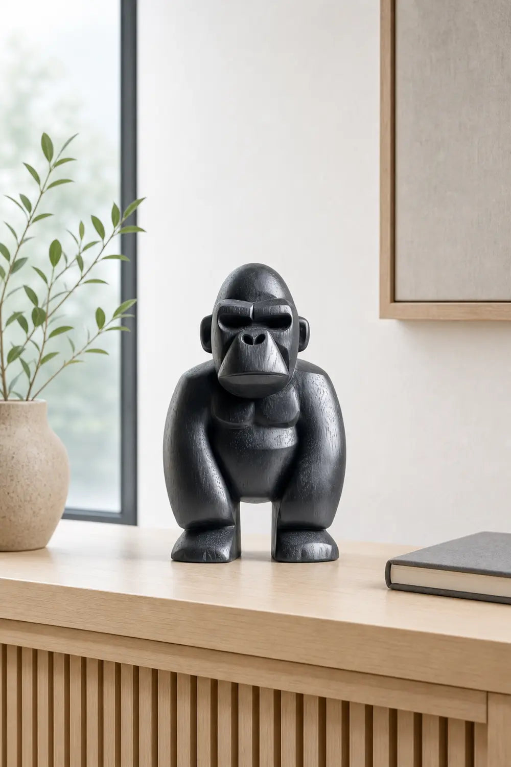Hand-Carved Black Gorilla Wood Sculpture For Modern Home Decor Abstract Animal Art Piece