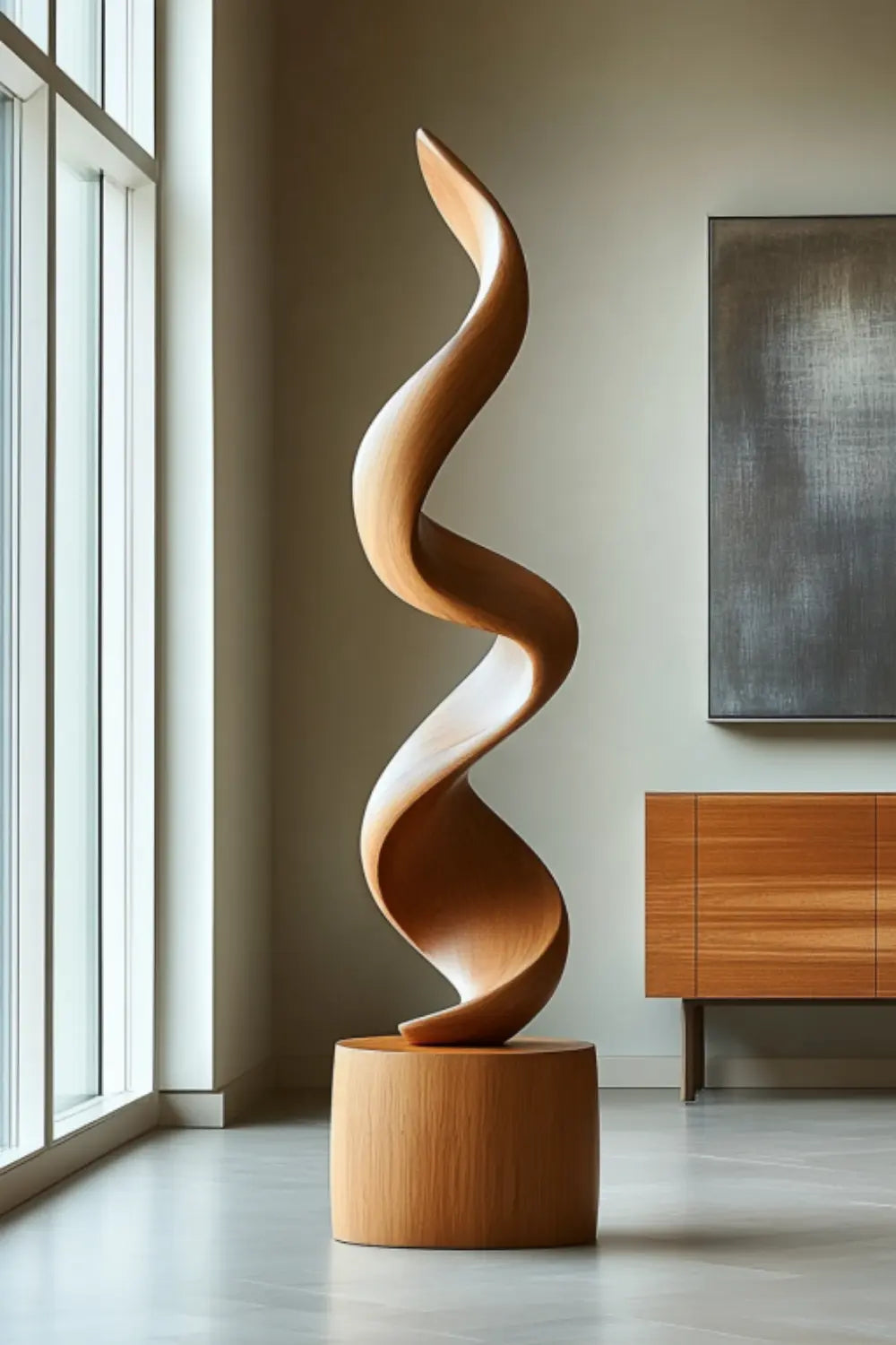 Large Spiral Oak Wood Sculpture Modern Abstract Floor Standing Statue For Home Decor