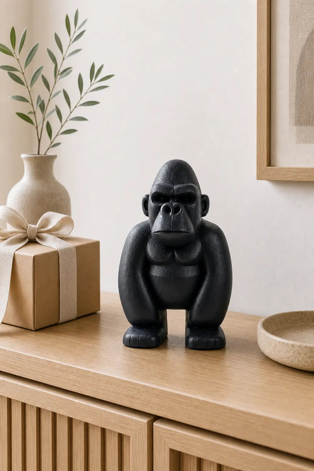 Hand Carved Black Gorilla Wood Sculpture Modern Abstract Animal Statue For Home Decor