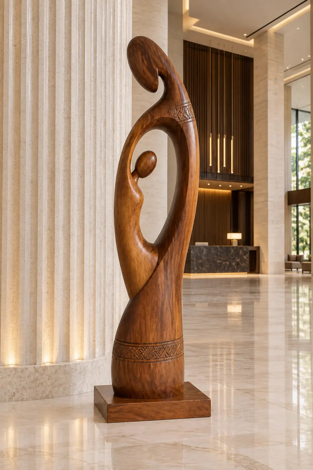 Large Abstract Mother And Child Wooden Sculpture For Modern Home Decor