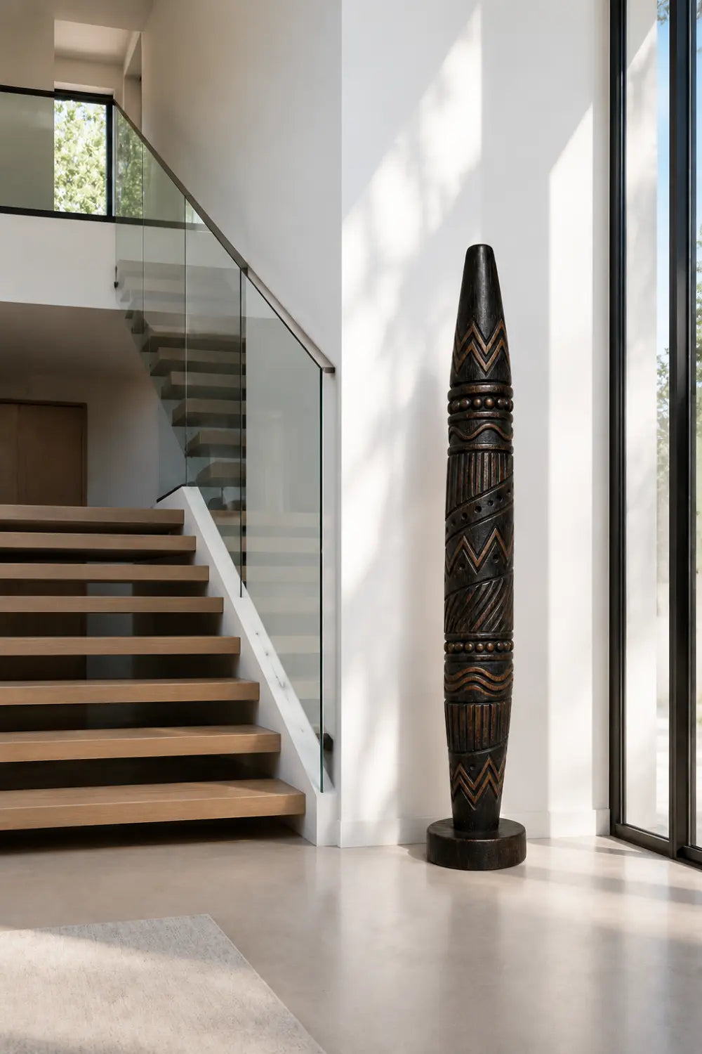 Large Freestanding Abstract Wooden Statue Ethnic Art Decor Tall Chevron Pillar For Living Space