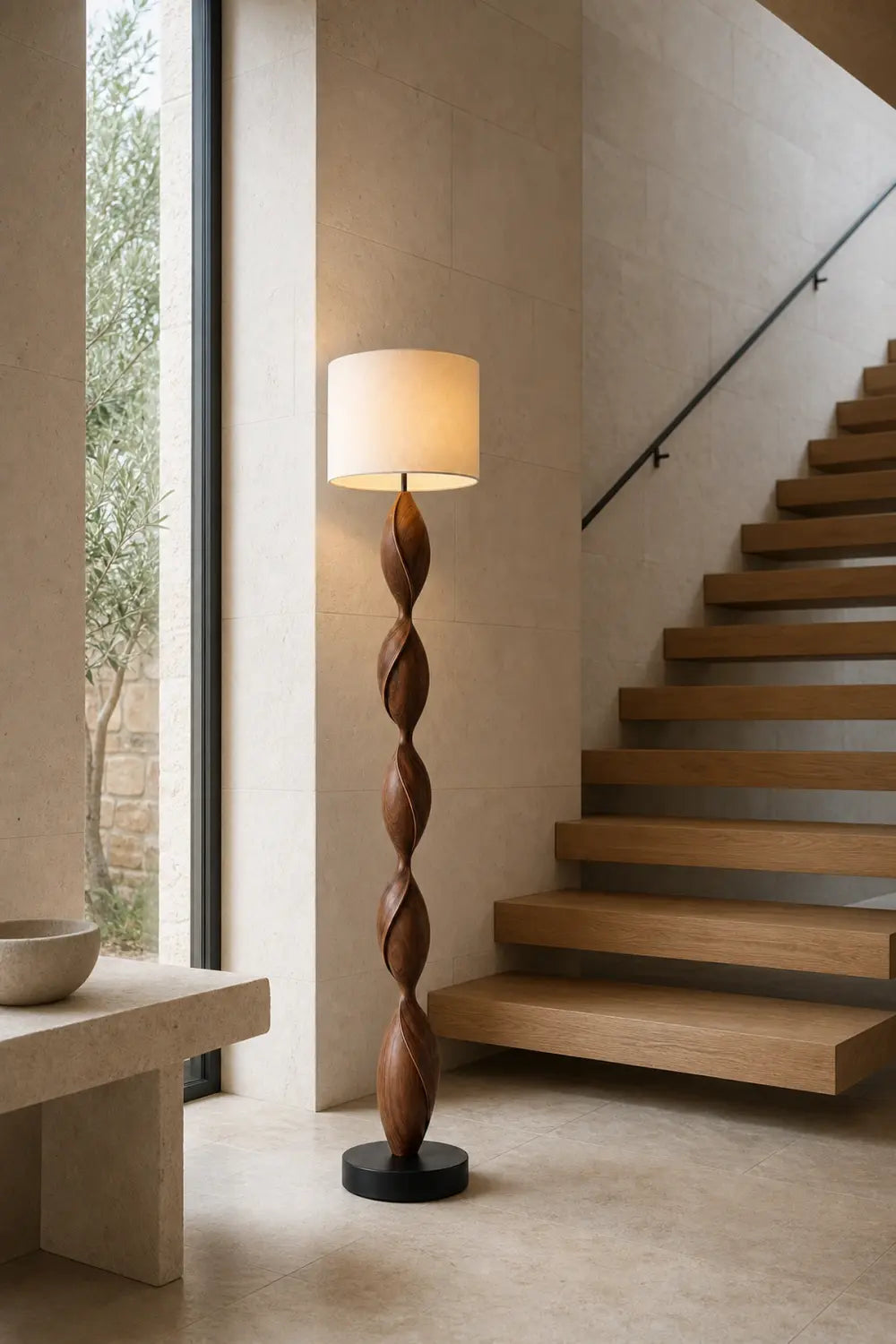 Hand Carved Walnut Wood Floor Lamp With Organic Spiral Form And Warm Glow