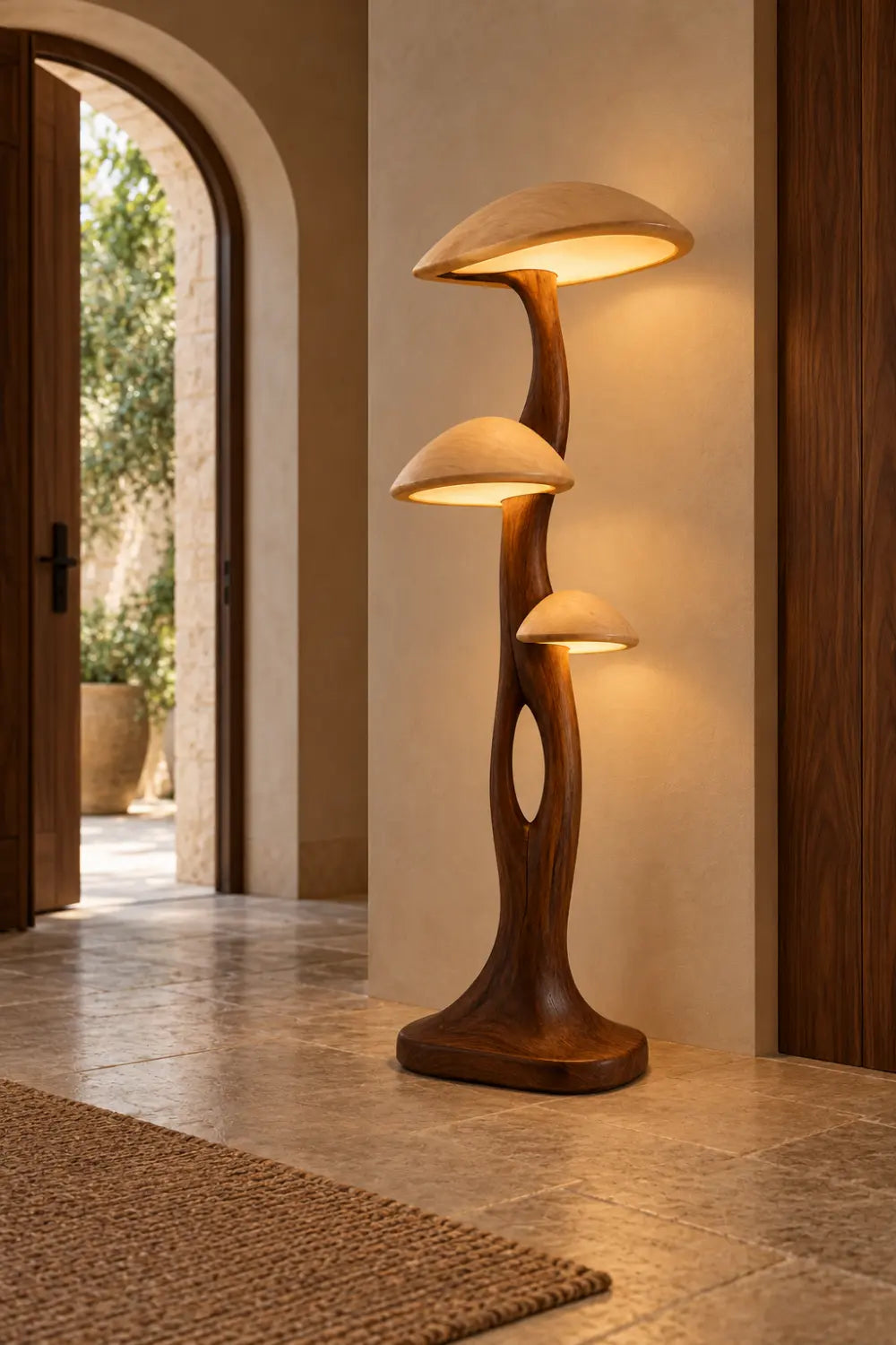 Hand-Carved Wooden Floor Lamp With Mushroom Shades For Modern Living Rooms