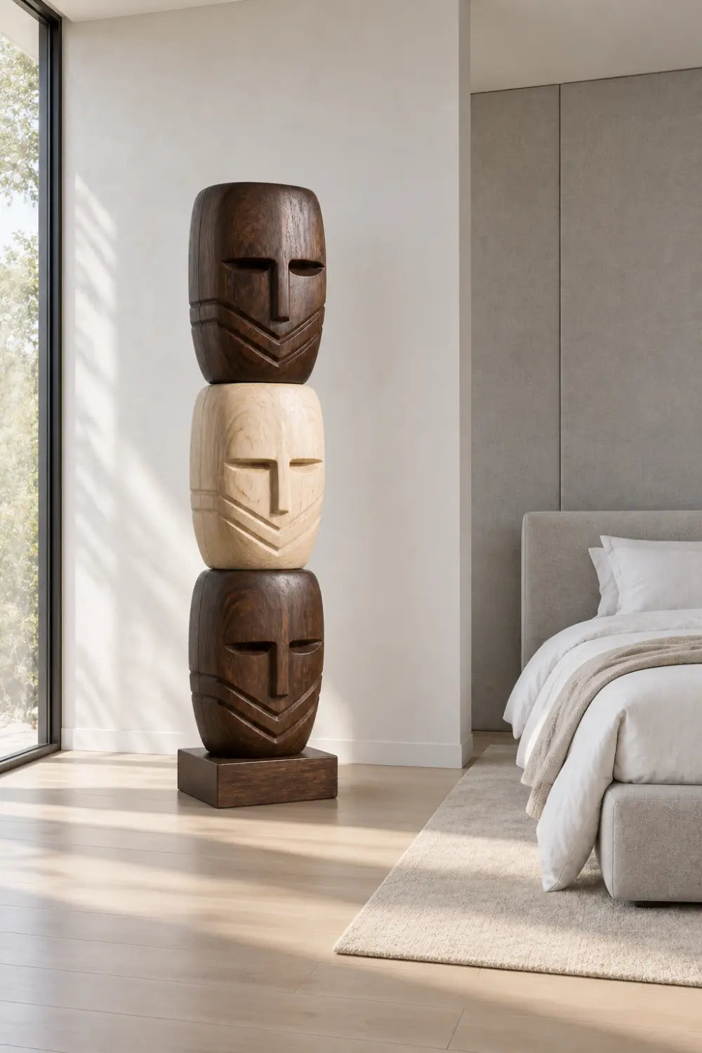 Large African Tribal Wood Sculpture With Abstract Human Faces For Modern Home Decor