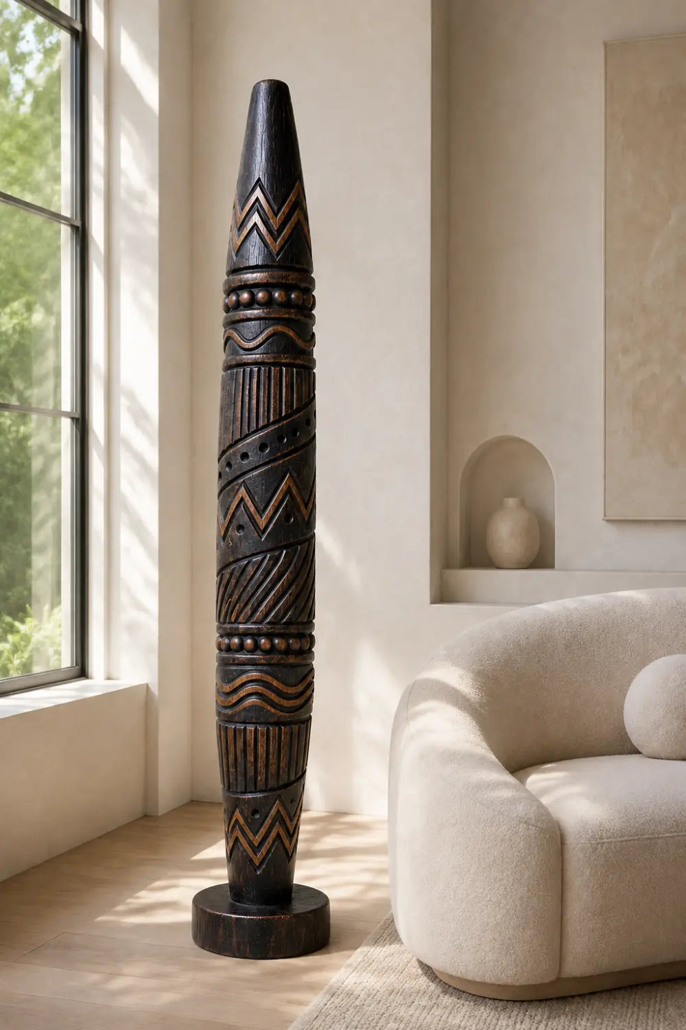 Large Freestanding Abstract Wooden Statue Ethnic Art Decor Tall Chevron Pillar For Living Space