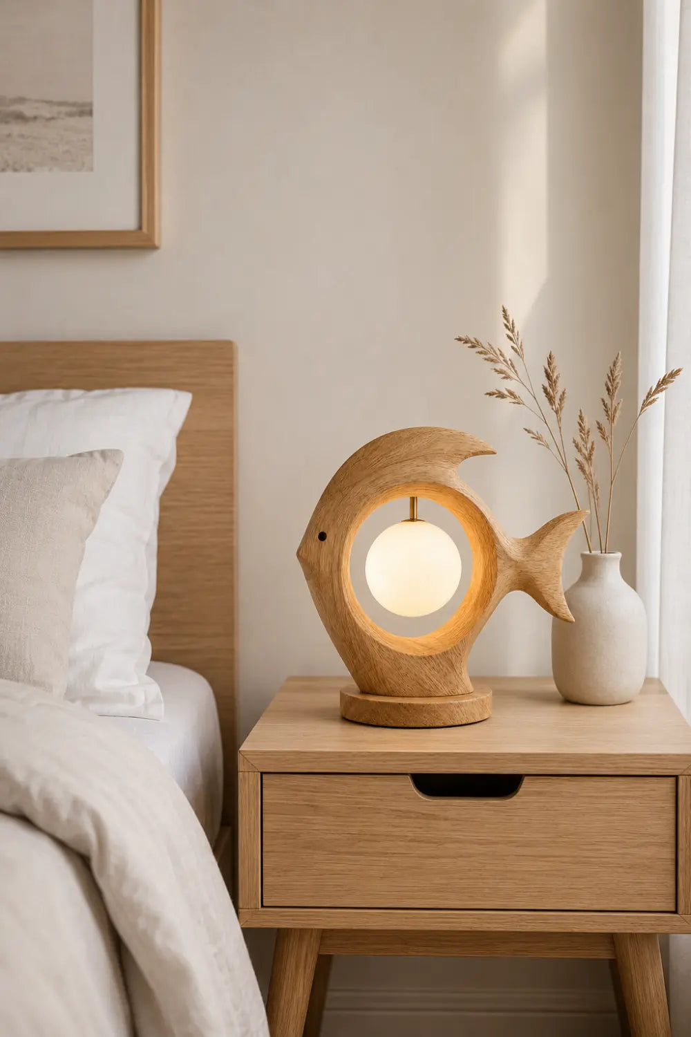 Modern Fish Shaped Wooden Table Lamp For Minimalist Home Decor And Warm Ambient Lighting
