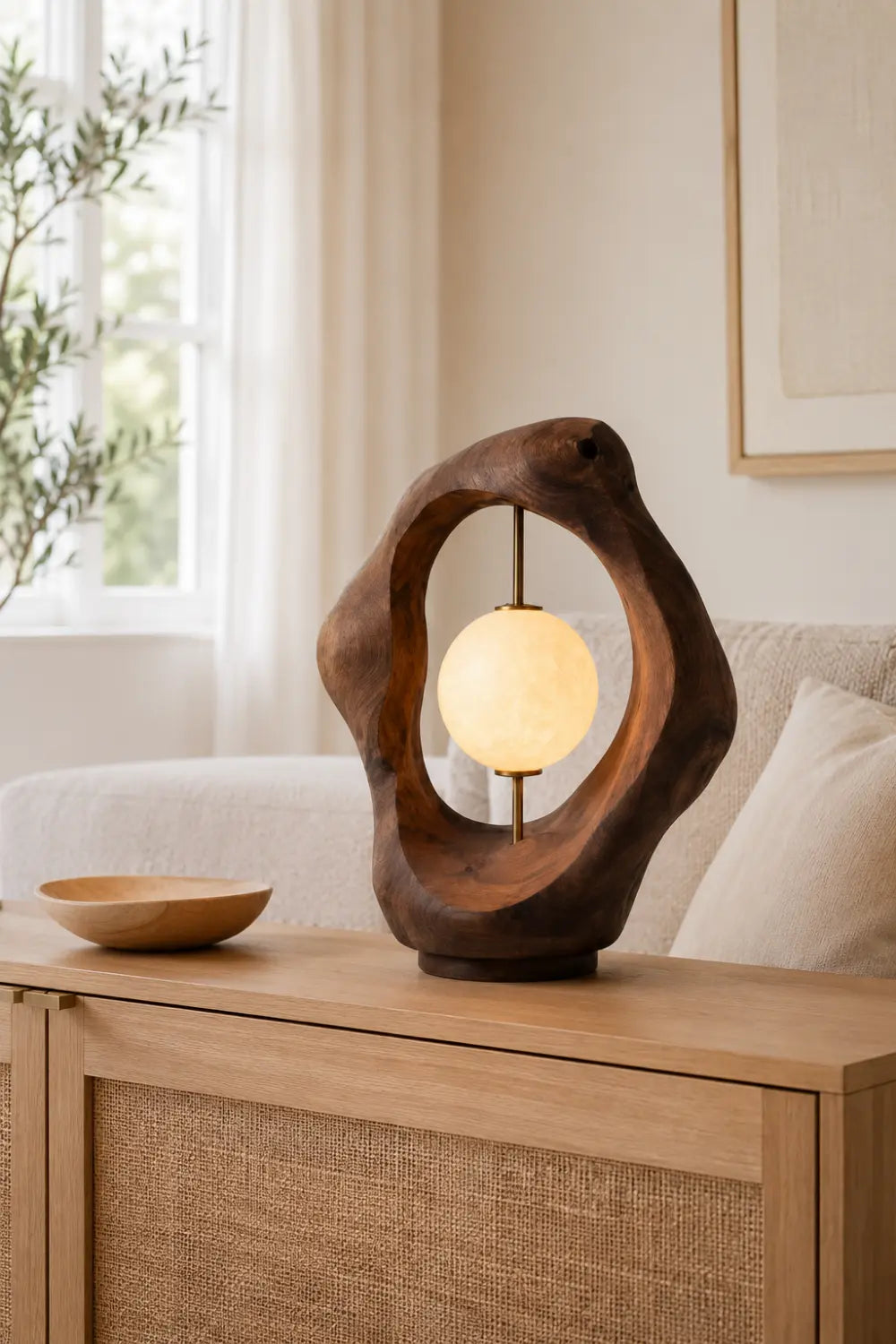 Biomorphic Wood Loop Table Lamp | Abstract Fluid Halo Desk Light For Space Decor