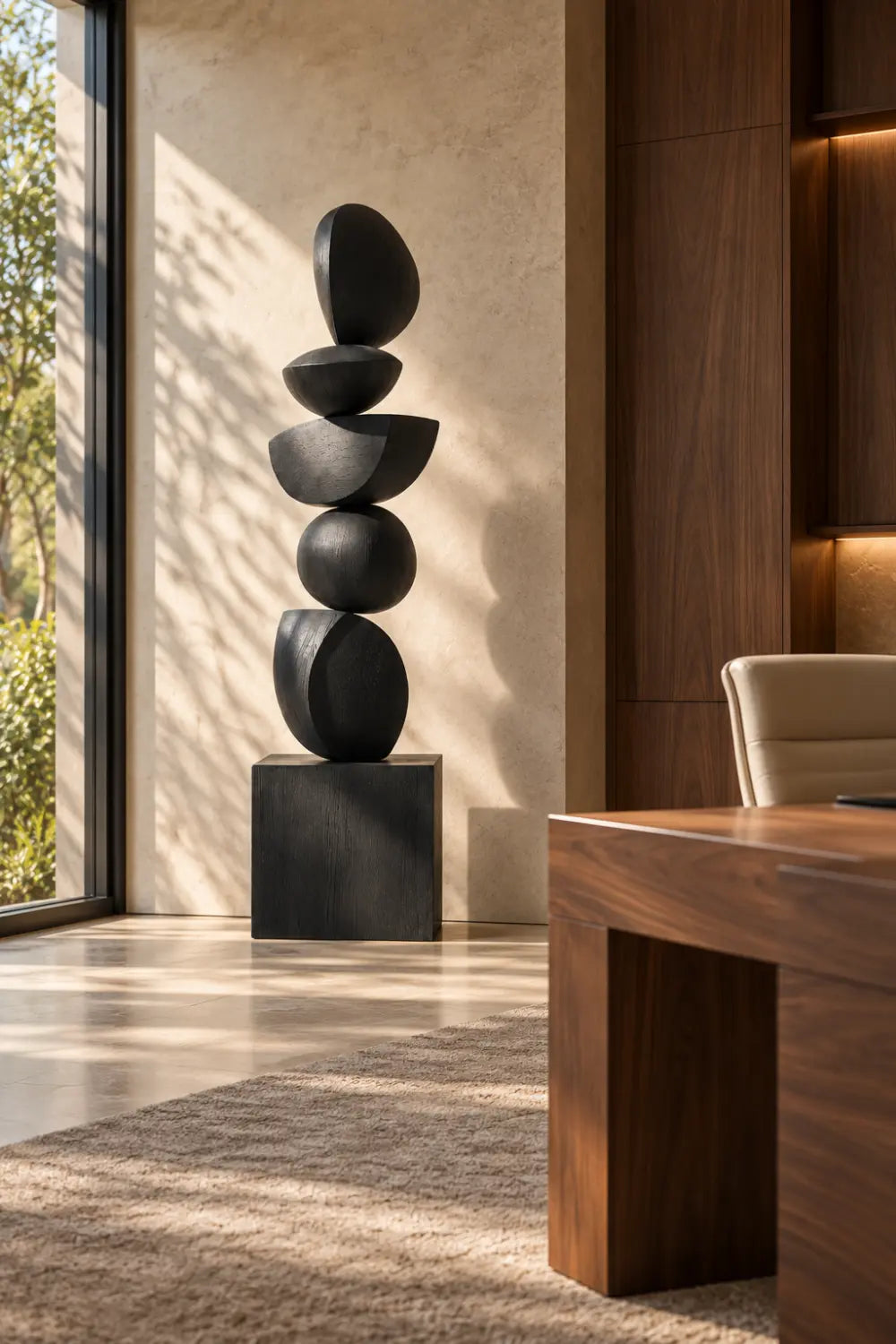 Large Black Wooden Abstract Sculpture For Modern Minimalist Home Decor And Living Room Accent