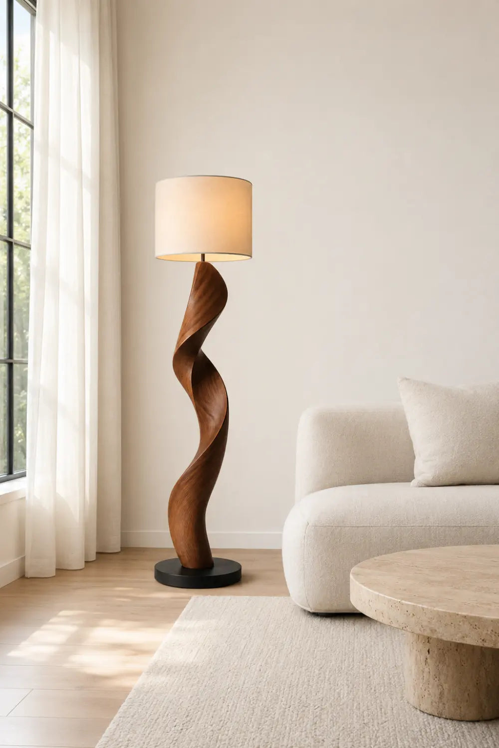 Modern Twisted Wooden Floor Lamp - Aesthetic Standing Light For Living Room Space