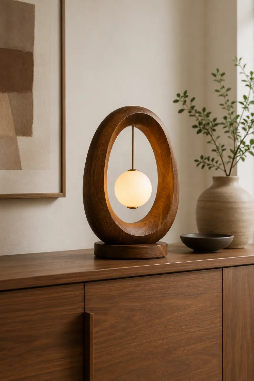 Minimalist Oval Wood Table Lamp | Elliptical Hanging Orb Desk Light For Space Decor