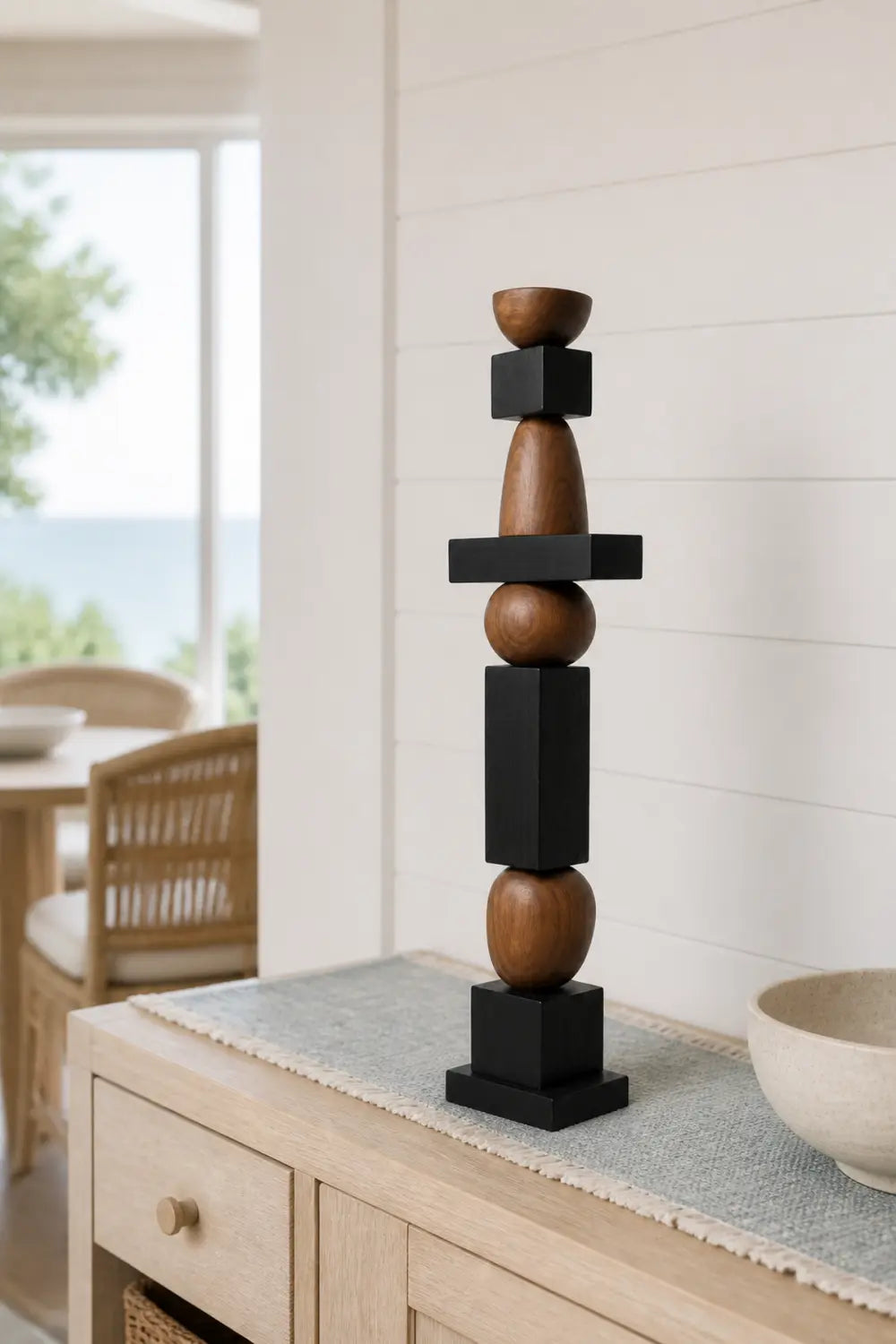 Large Geometric Wooden Sculpture For Minimalist Living Room Decor - Freestanding Abstract Art