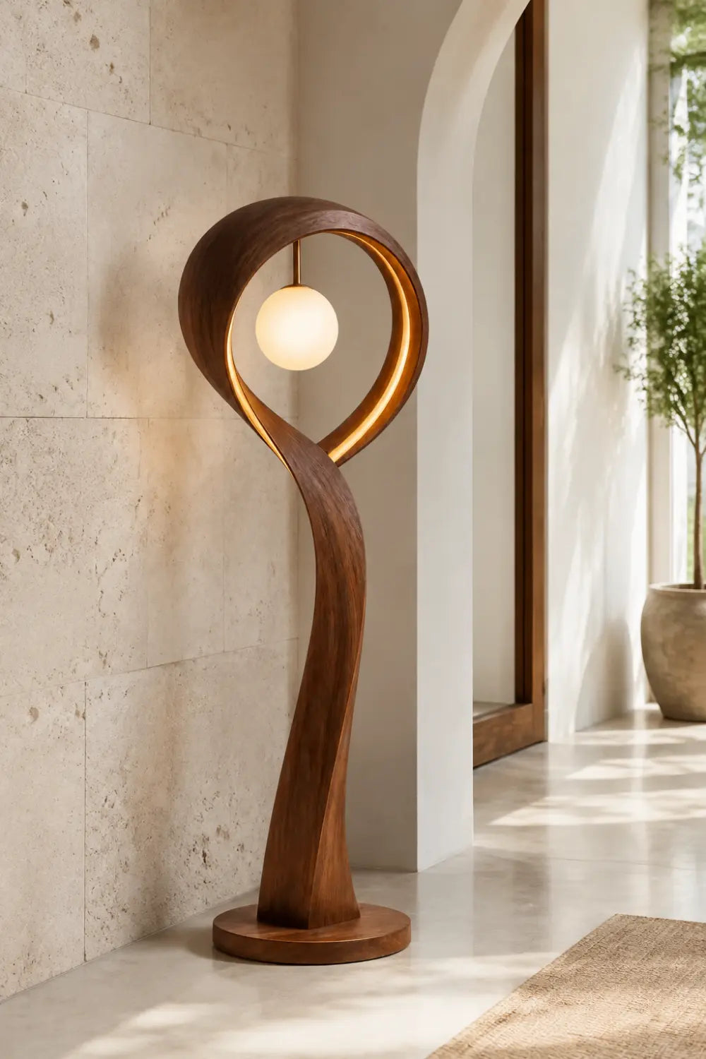 Handcrafted Wooden Floor Lamp With Abstract Curve Design For Contemporary Living Rooms And Bedrooms Decor