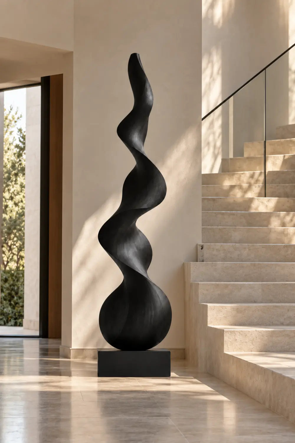 Large Black Spiral Wood Floor Sculpture | Modern Standing Statue For Living Space
