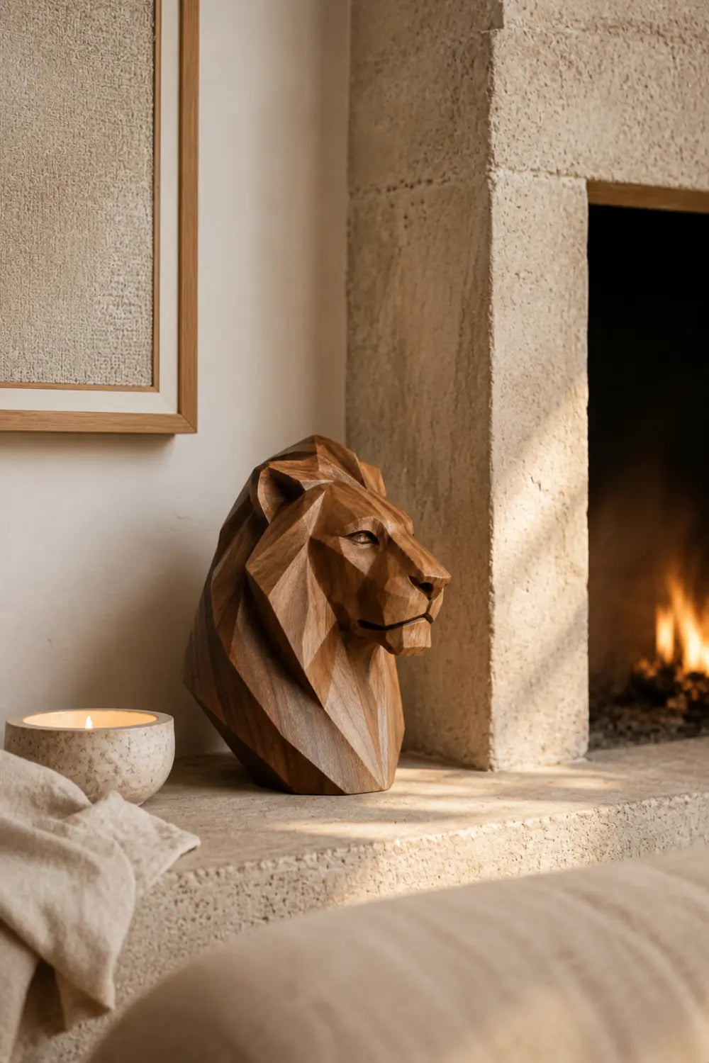 Hand-Carved Geometric Lion Head Sculpture In Walnut Wood For Modern Home Decor