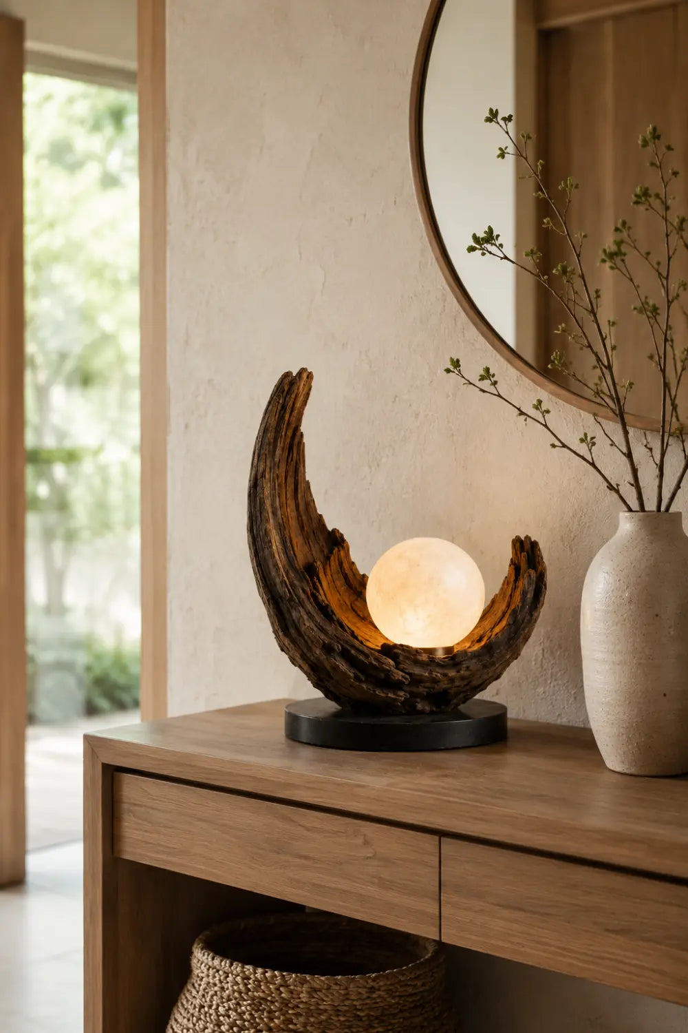Abstract Wooden Sculpture Lamp Crescent Shape With Warm Light For Living Room