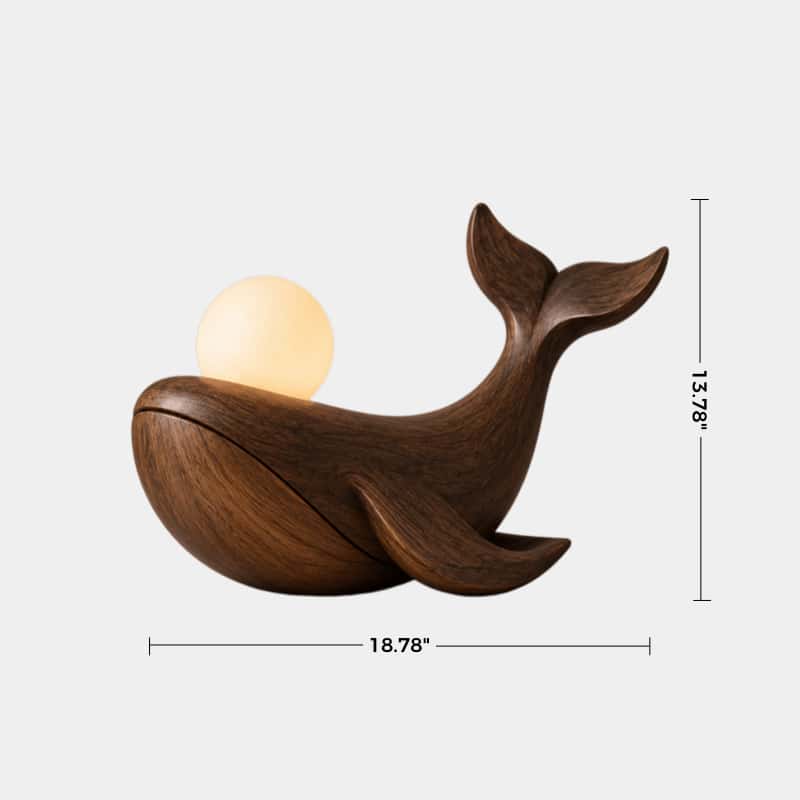 Solid Walnut Whale Sculpture Lamp Hand Carved Natural Wood Grain Tabletop Lighting