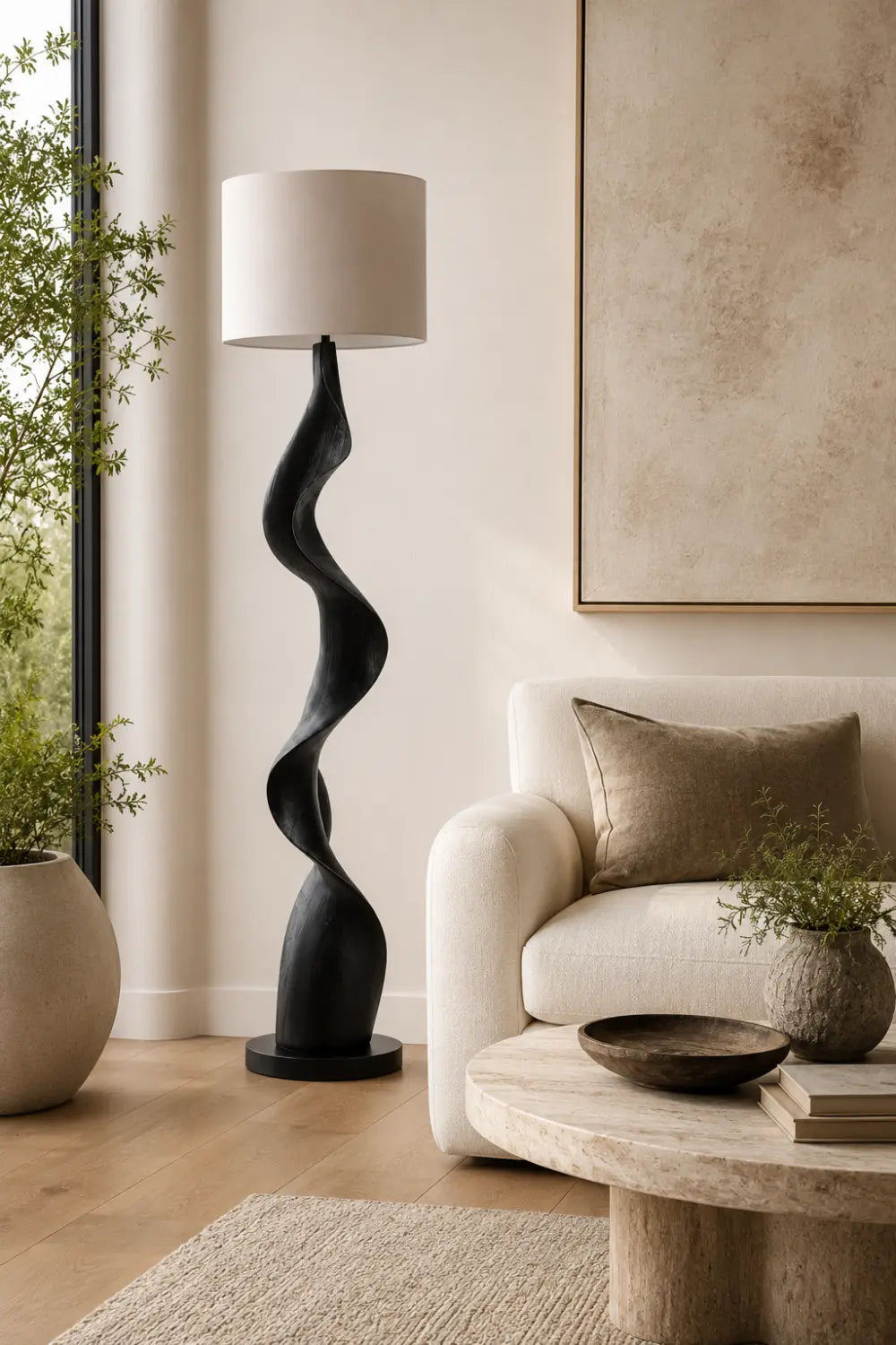 Modern Abstract Wood Floor Lamp With Twisted Sculptural Base For Living Room