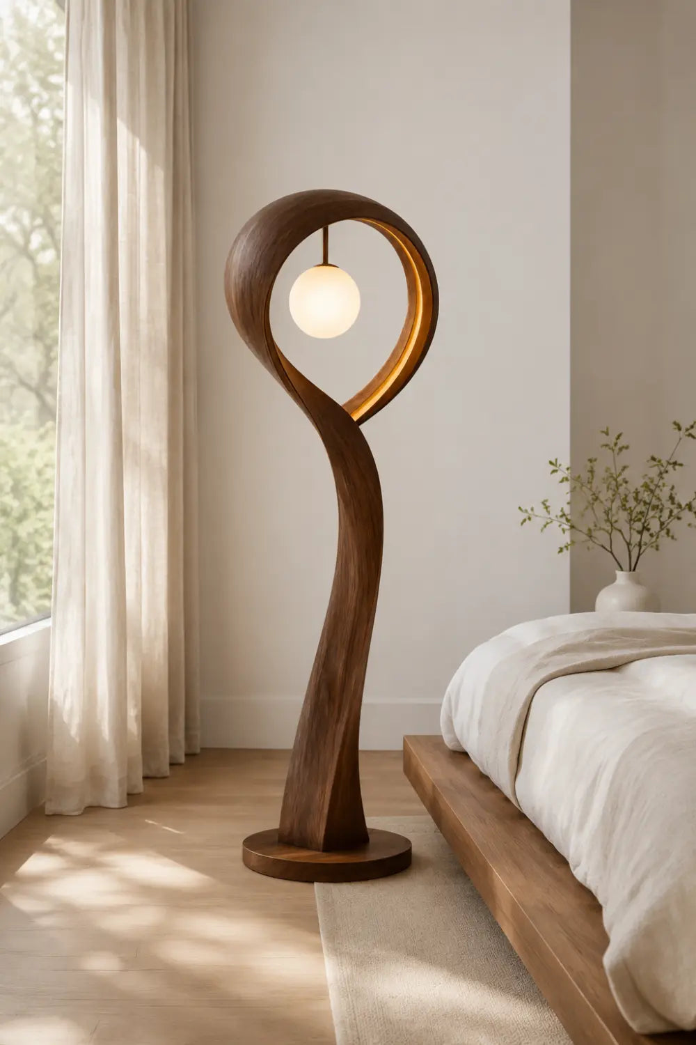 Handcrafted Wooden Floor Lamp With Abstract Curve Design For Contemporary Living Rooms And Bedrooms Decor