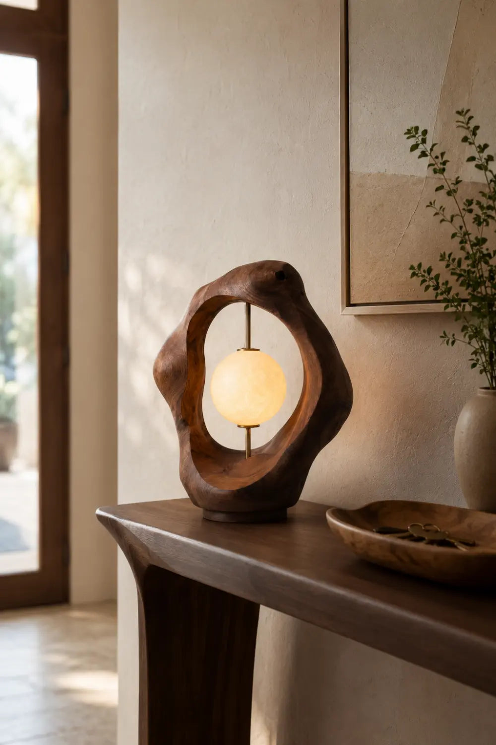 Biomorphic Wood Loop Table Lamp | Abstract Fluid Halo Desk Light For Space Decor
