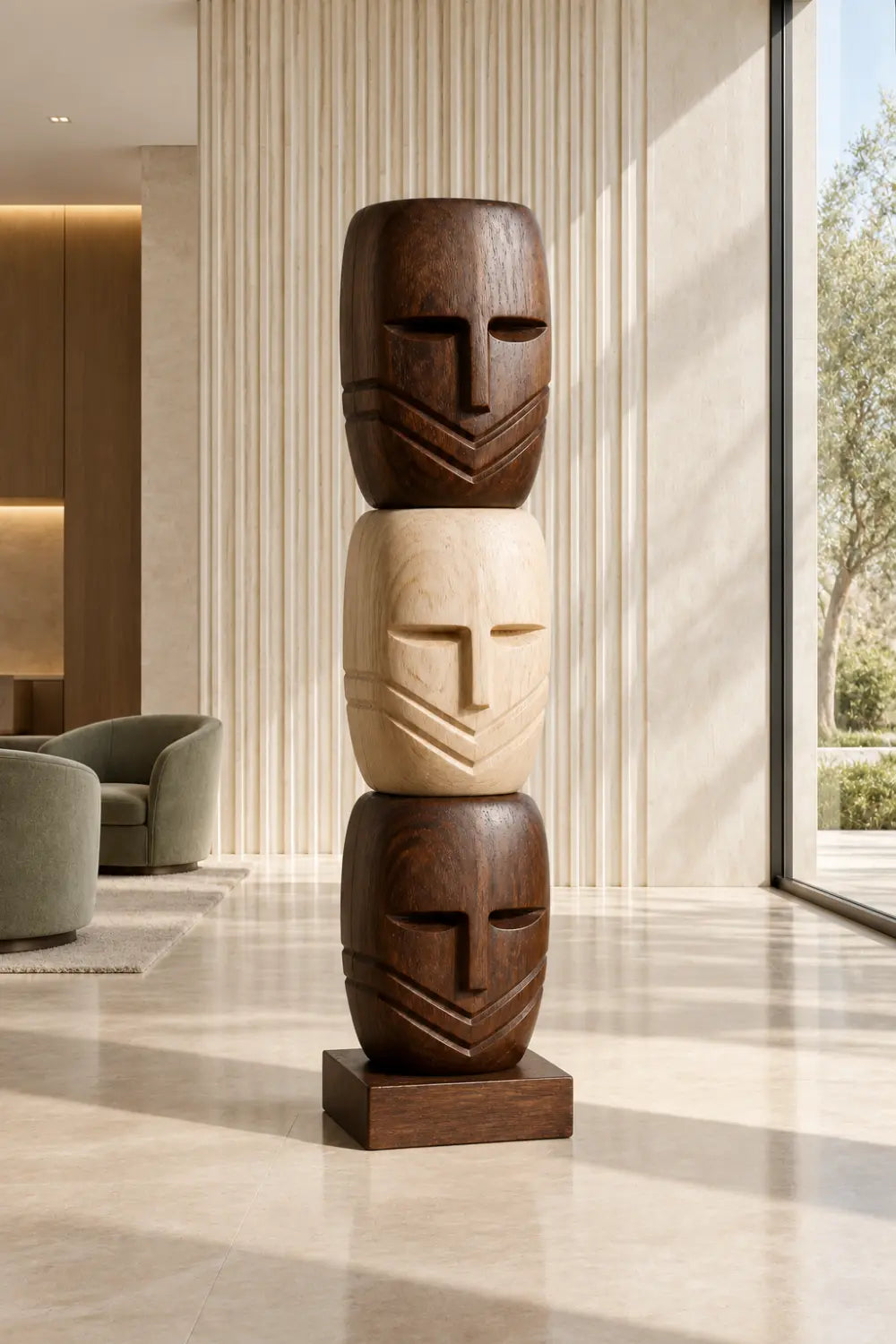Large African Tribal Wood Sculpture With Abstract Human Faces For Modern Home Decor