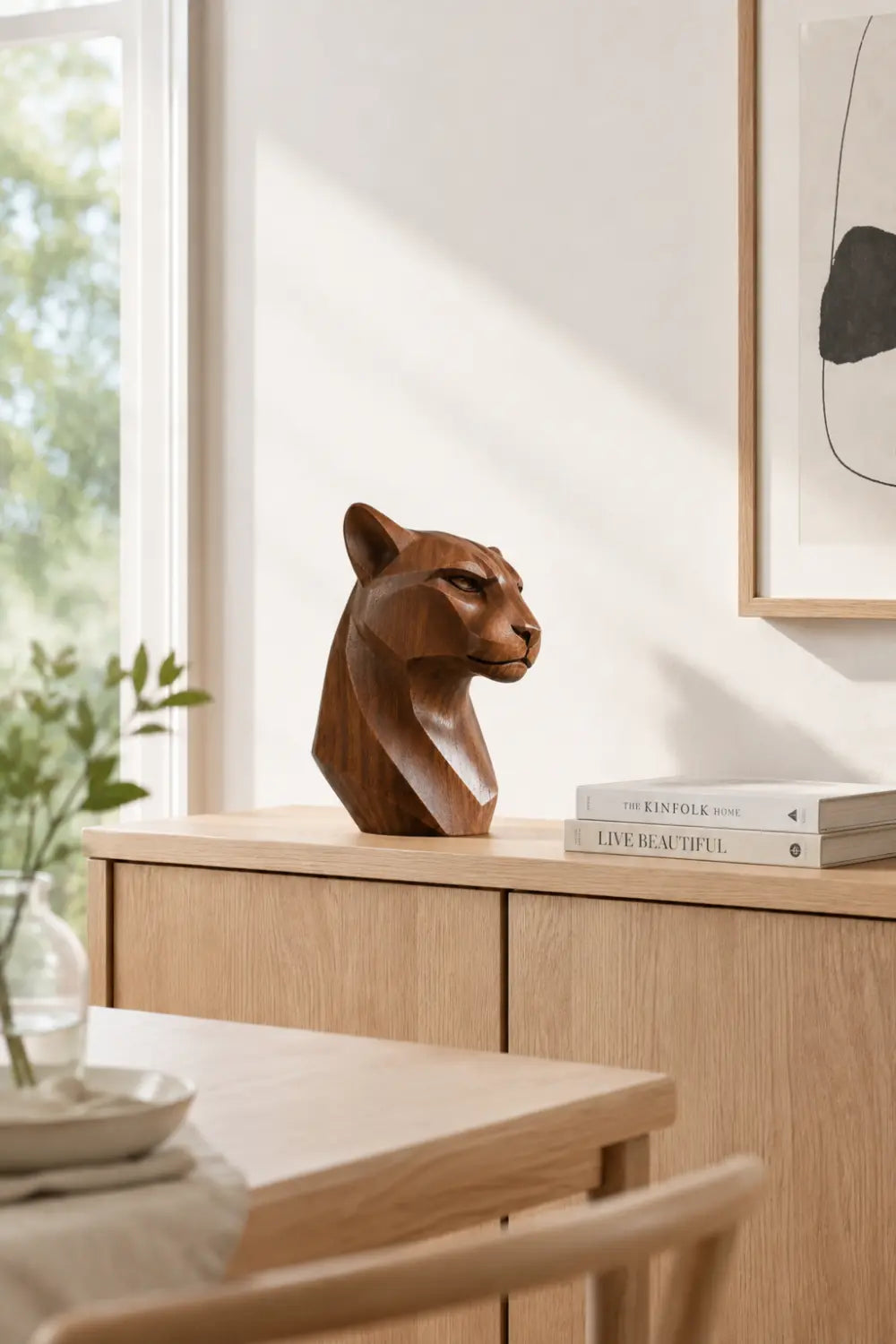 Abstract Wooden Panther Statue Minimalist Animal Sculpture For Contemporary Interiors