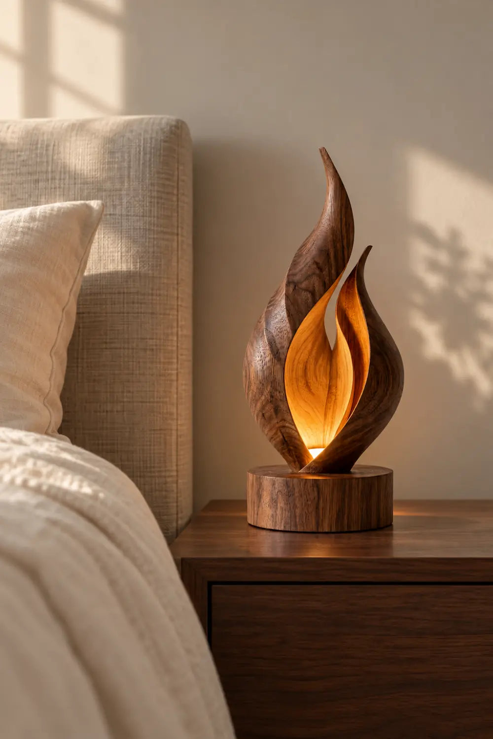 Solid Wood Flame Sculpture Lamp Warm White Light Artistic Desk Accent For Living Room