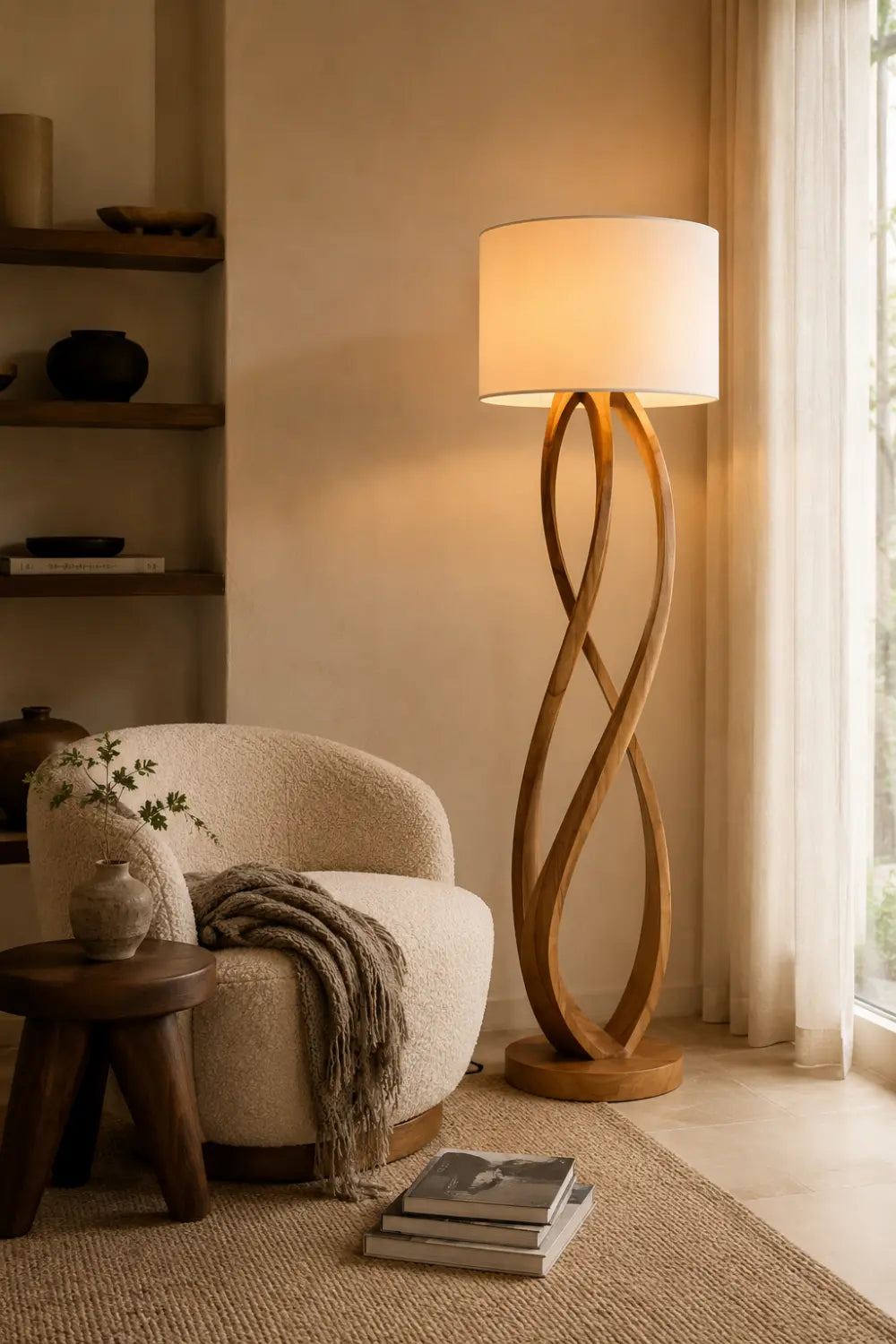 Sculptural Wooden Floor Lamp Abstract Twist Design Warm Light Fixture