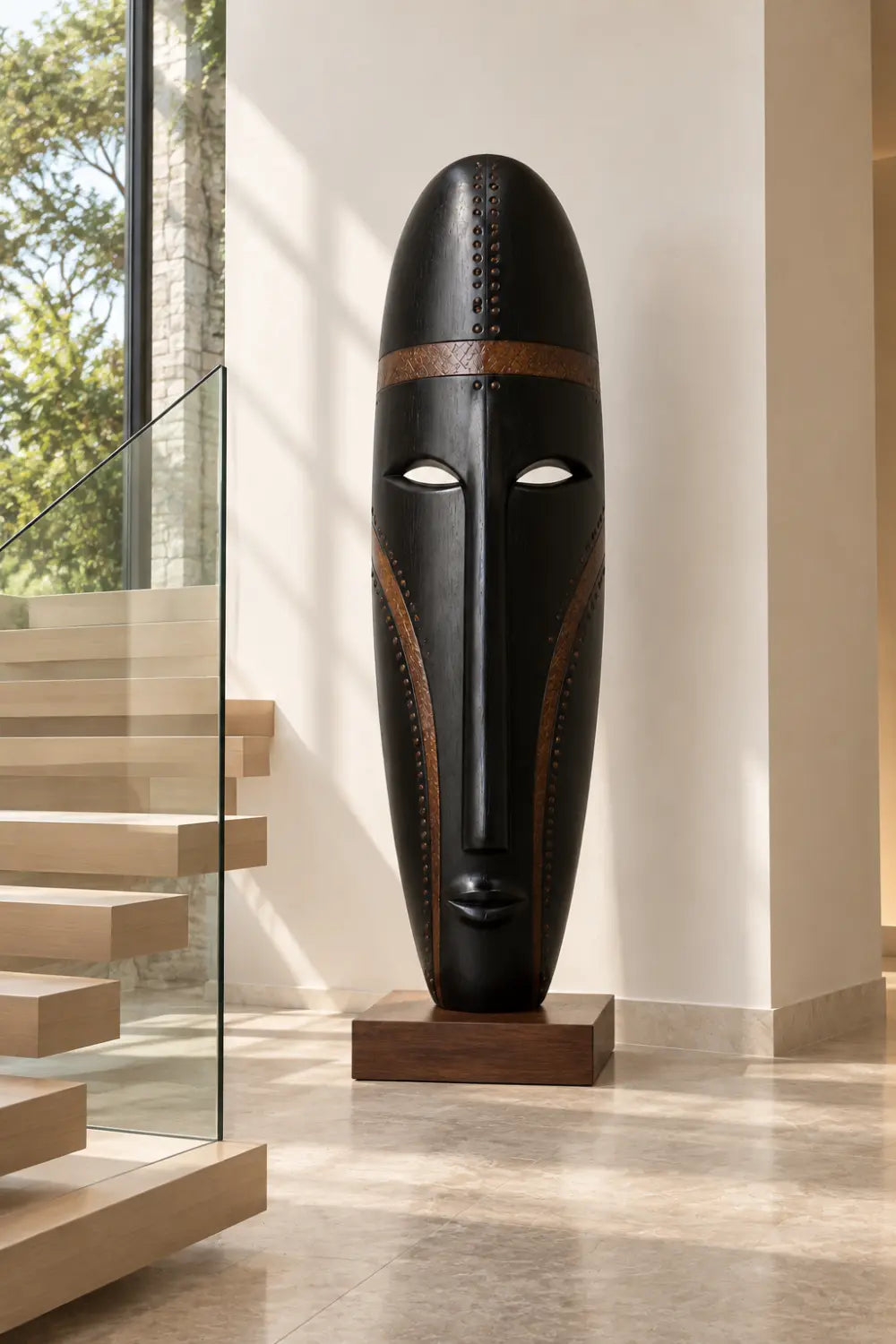 Large Black Walnut Wood Tribal Face Sculpture For Modern Home Decor
