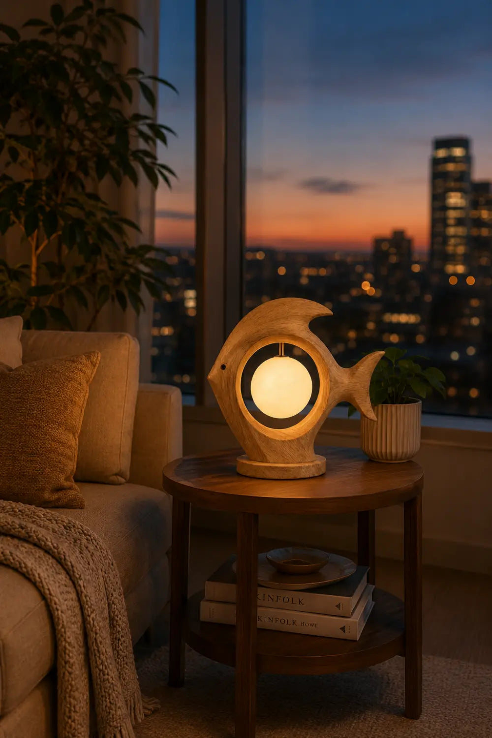 Modern Fish Shaped Wooden Table Lamp For Minimalist Home Decor And Warm Ambient Lighting