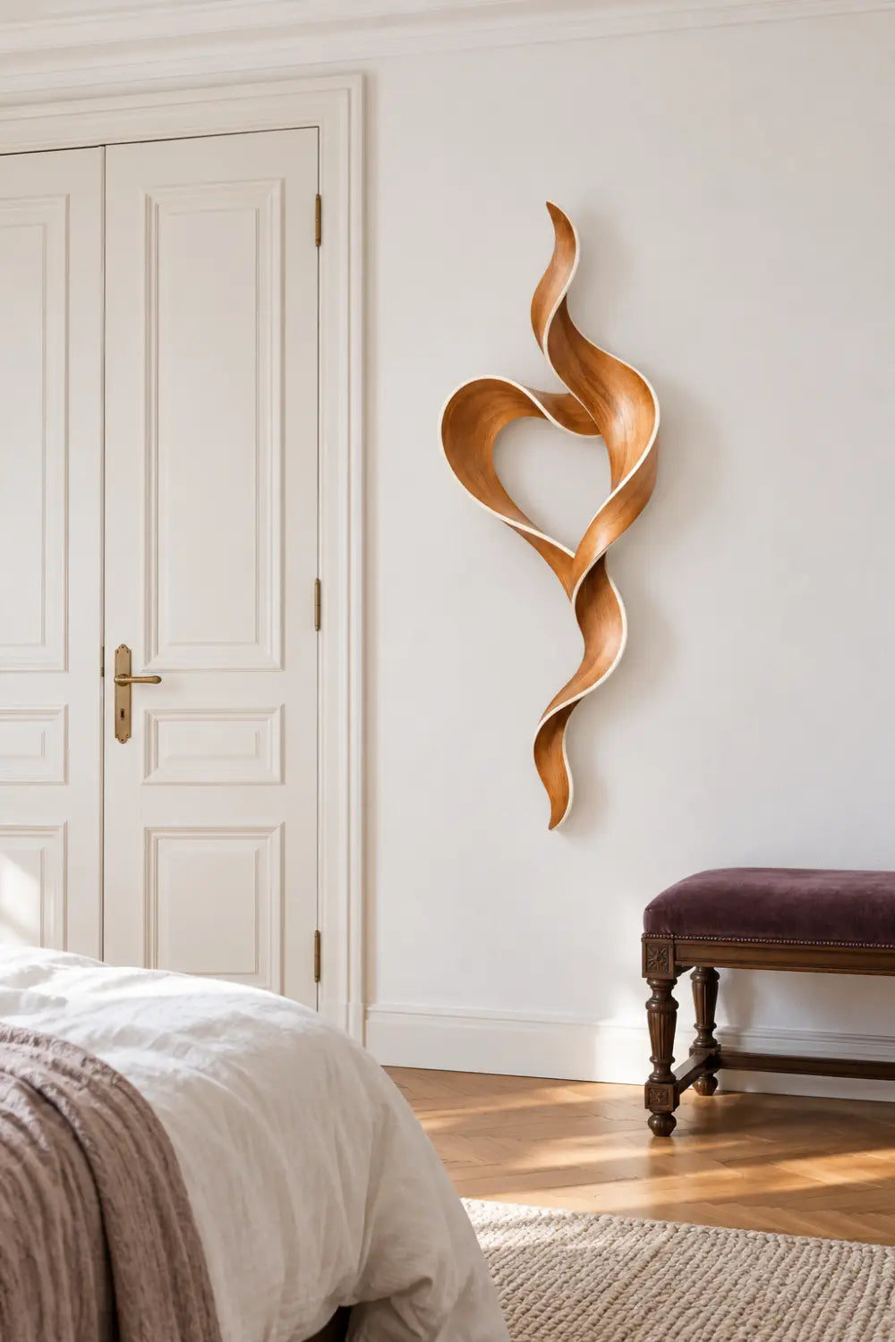 Modern Wooden Ribbon Heart Sculpture | Abstract Infinity Swirl Loop Art Decor
