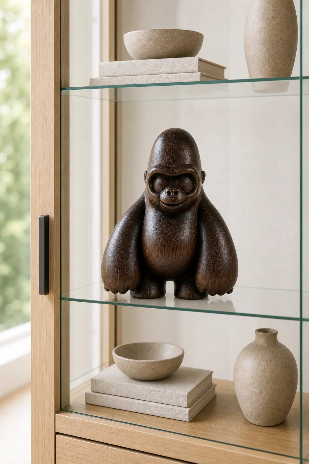 Hand-Carved Walnut Gorilla Sculpture For Modern Home Decor And Minimalist Interior Design